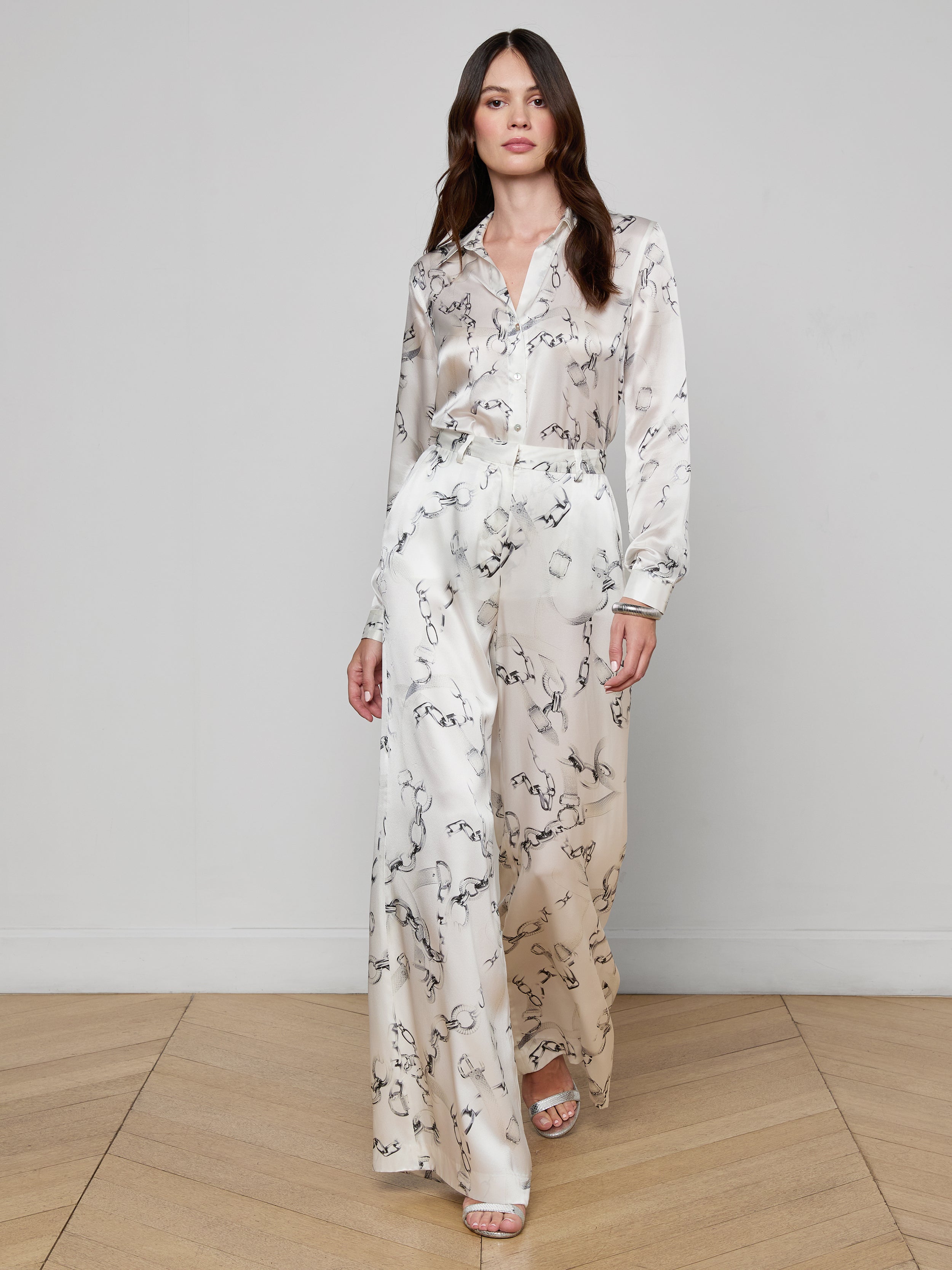 Gavin Silk Wide-Leg Pants In Ivory/grey Medium Faded Chain