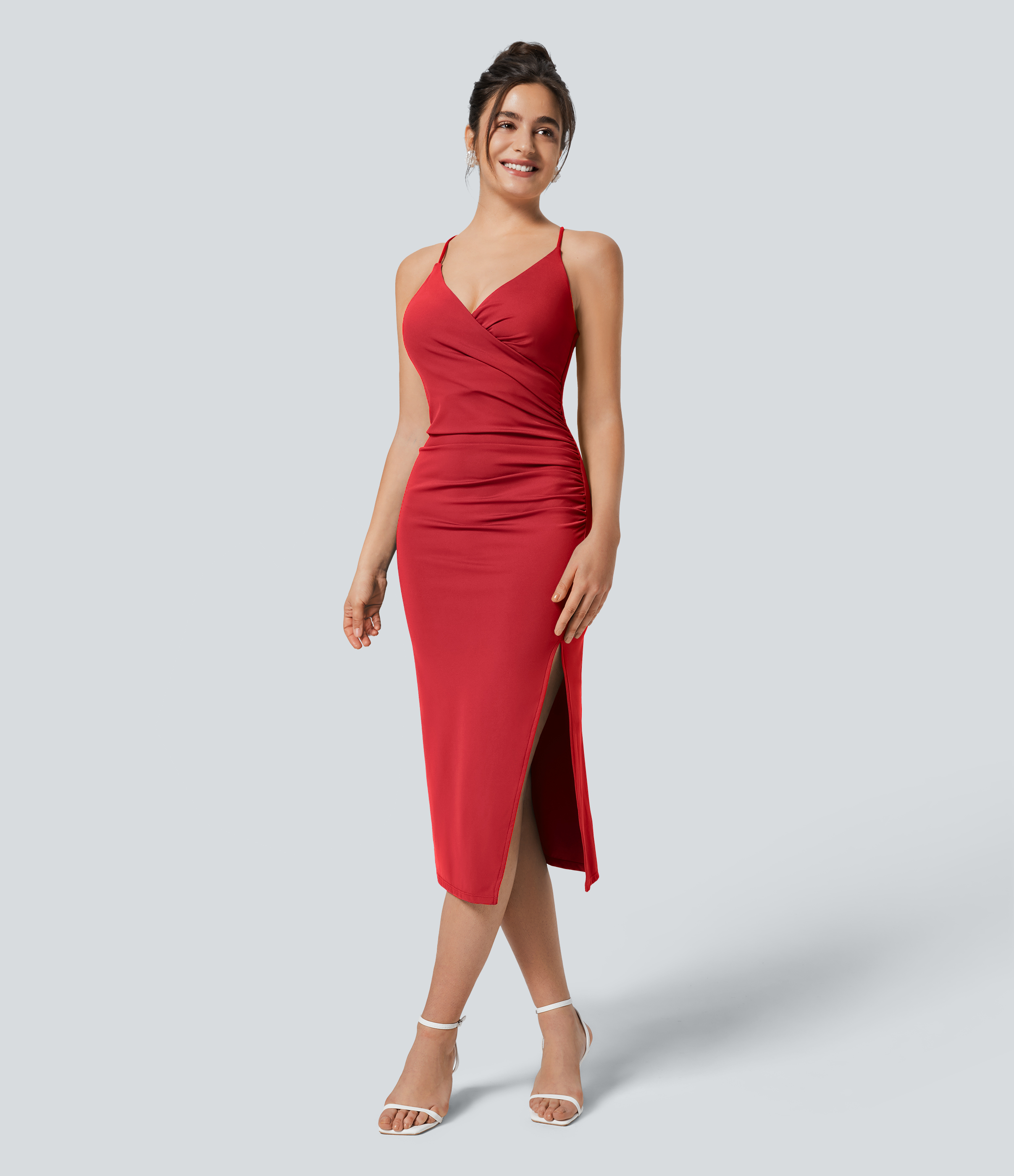 SoftlyZero™ Airy Crossover Ruched Lace Up Bodycon Cool Touch Dress-UPF50+ Casual Dress - Mars Red
