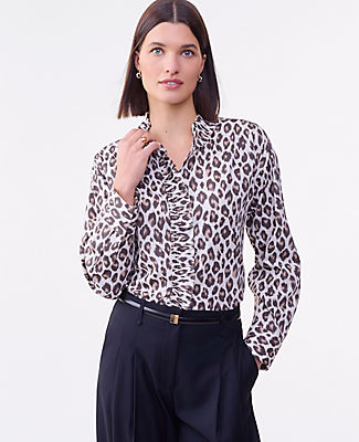Ann Taylor Animal Print Ruffle Shirt