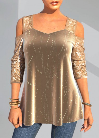 Modlily Christmas Design Gold Cold Shoulder Sequin T Shirt