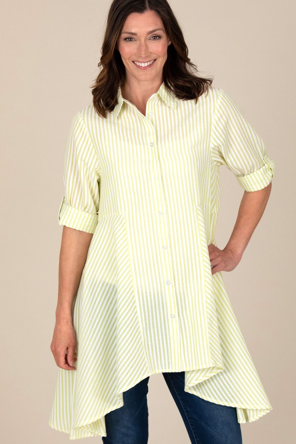 Klass. Women's Oversized Striped Seersucker Dipped Hem Shirt in Lime | : Small/Mediu