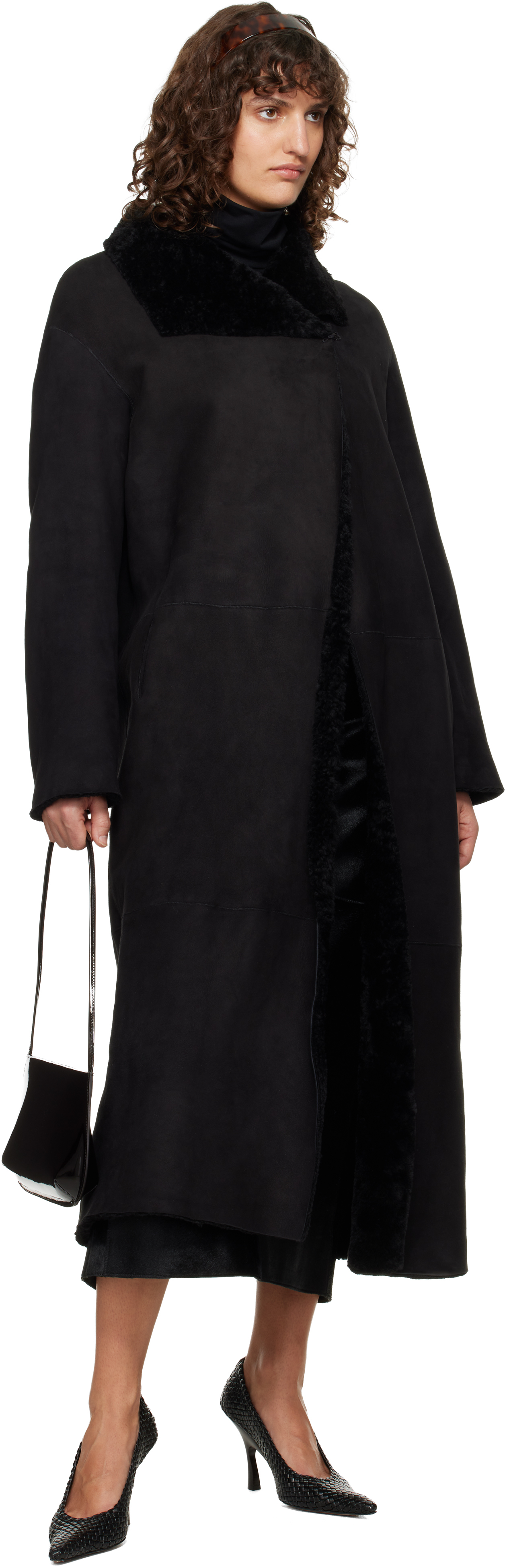 Black Draped Shearling Birthday Coat