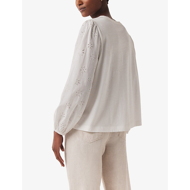 Womens White Broderie-sleeve Regular-fit Organic-cotton top