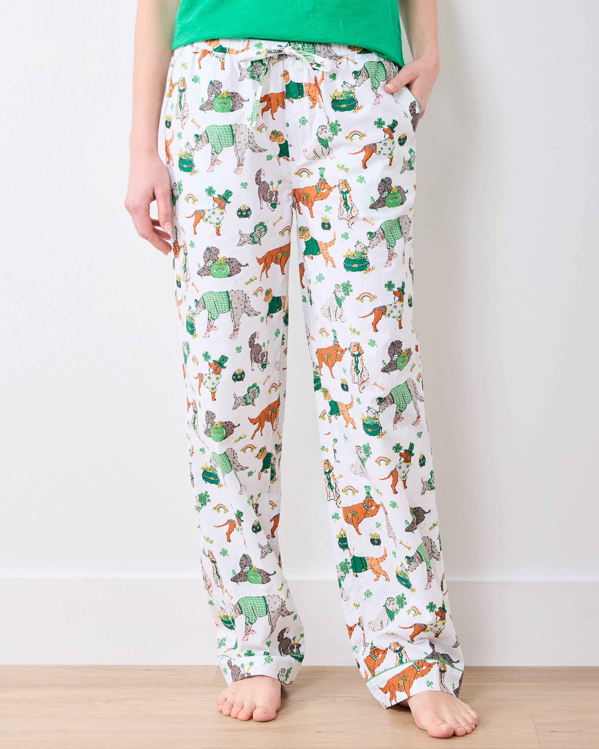 Organic Cotton Pajama Pants in Lucky Paws | Women's XXS | White St. Patrick's Day | Sleepwear