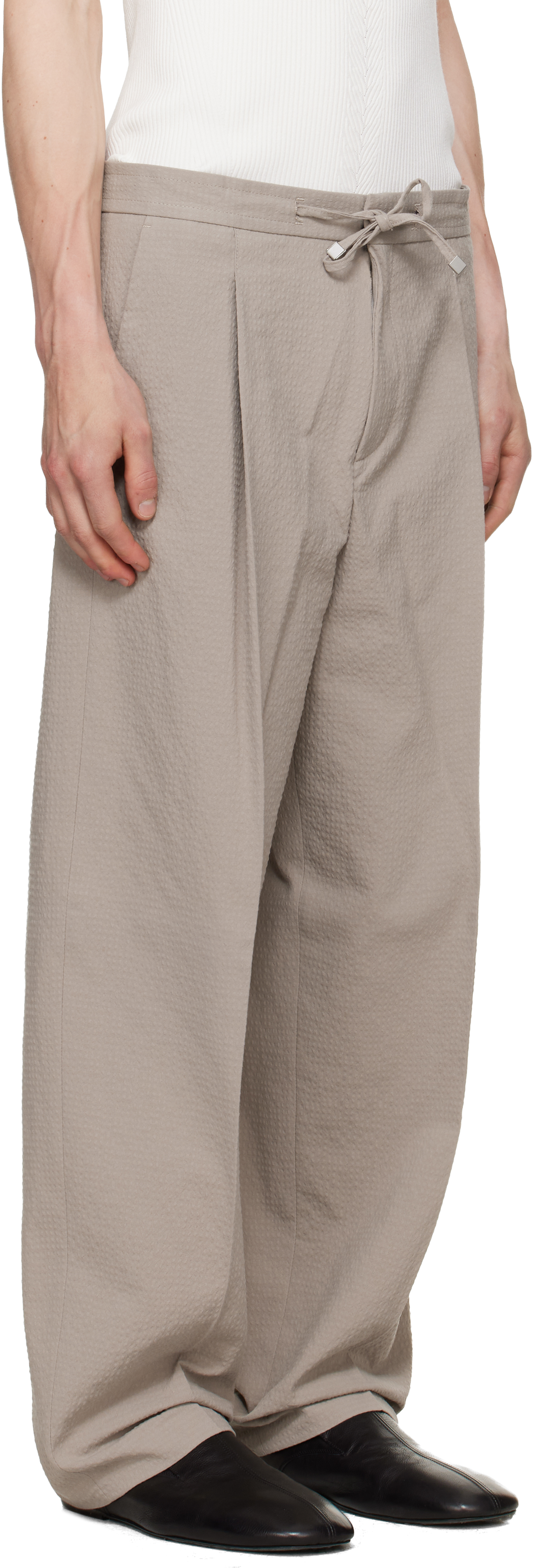 Beige Modern Fit Seersucker Trousers
