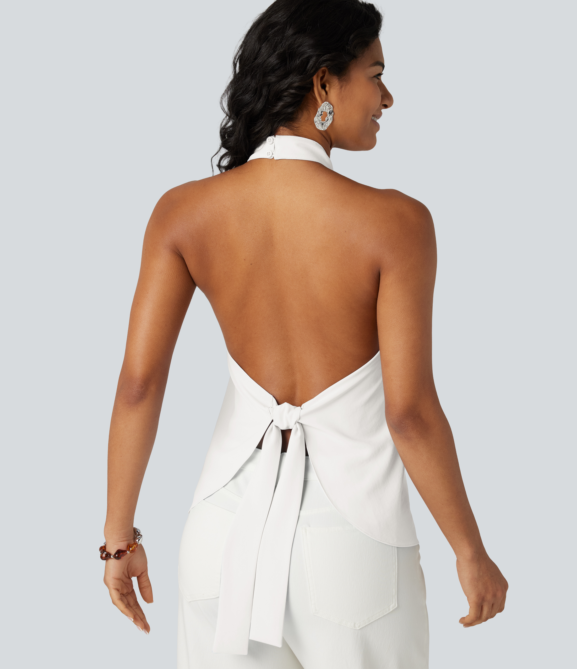 Backless Tie-back Casual Halter Top Tank Top - Frost White