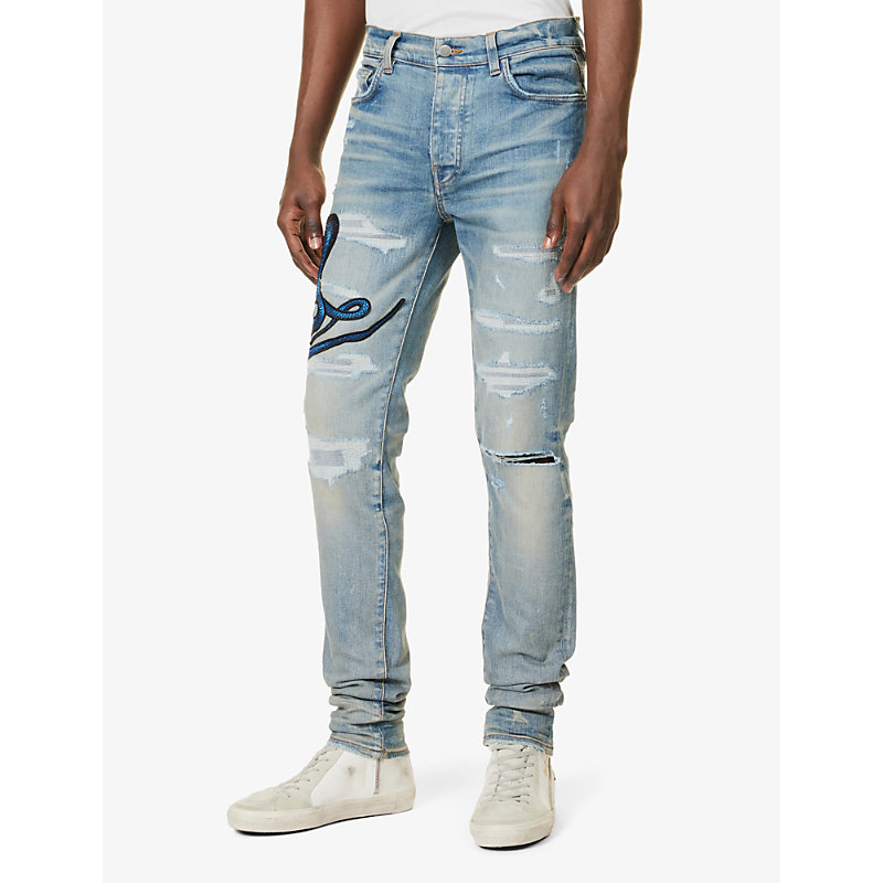 Mens Clay Indigo Snake-patch Slim-fit Tapered Stretch-denim Jeans