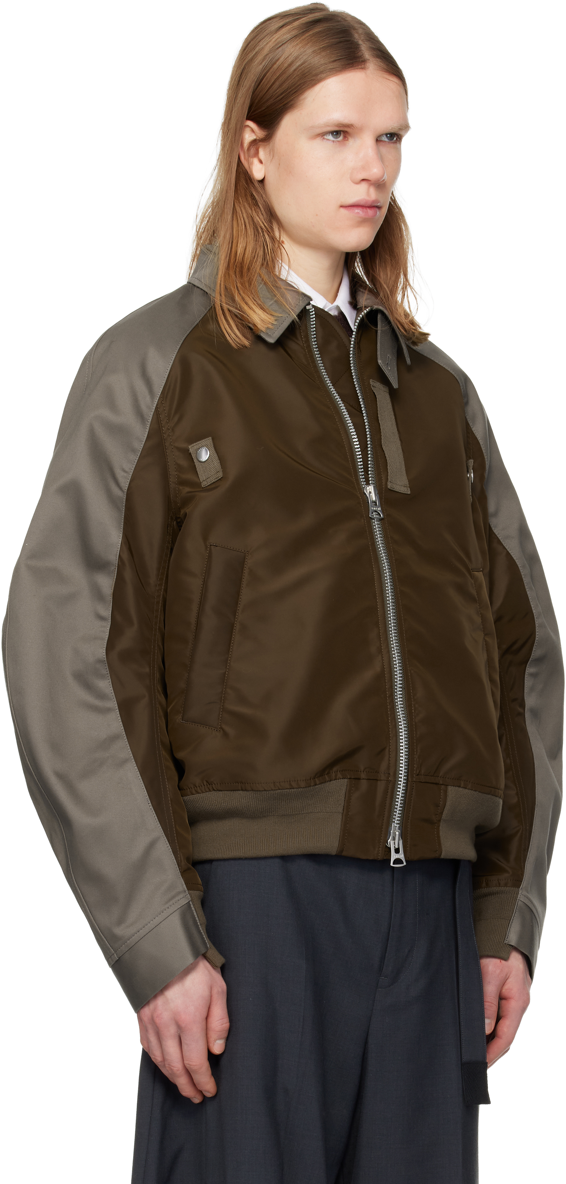 Brown & Gray Cotton Chino & Nylon Twill Bomber Jacket