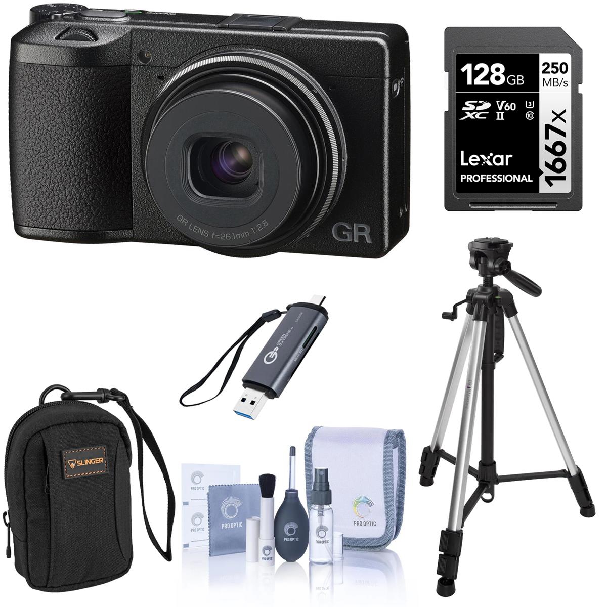 Gr IIIx Compact Digital Camera, Bundle with 128GB Memory Card with Reader, Camera Bag, Tripod, Includes Cleaning Accessories - Black