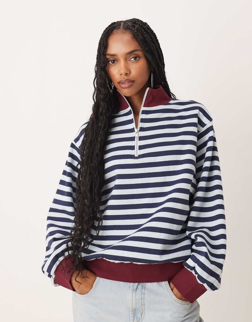 Half zip sweatshirt in blue and burgundy stripe-Multi