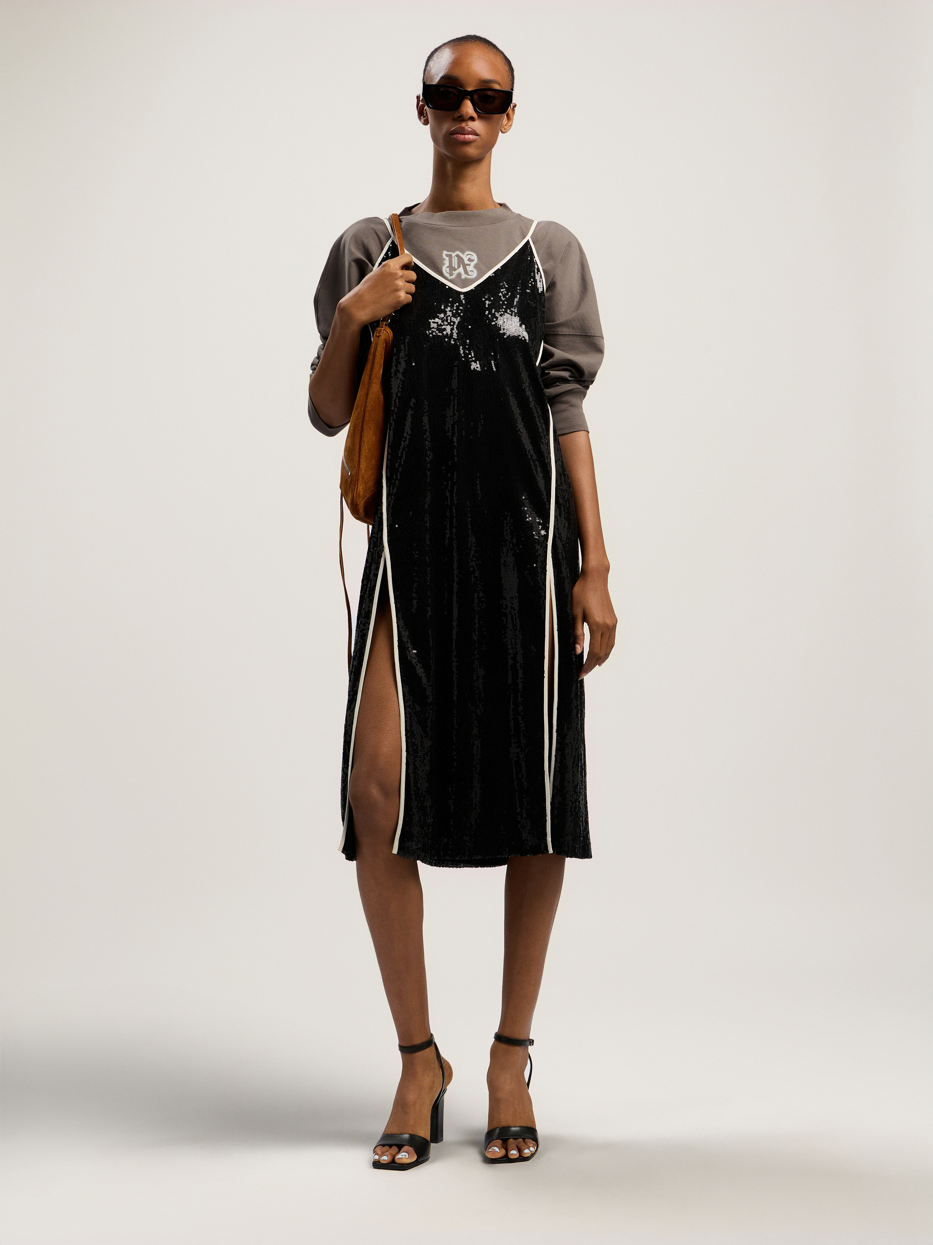 Curved Logo Sequin Slip Dress Woman  Black