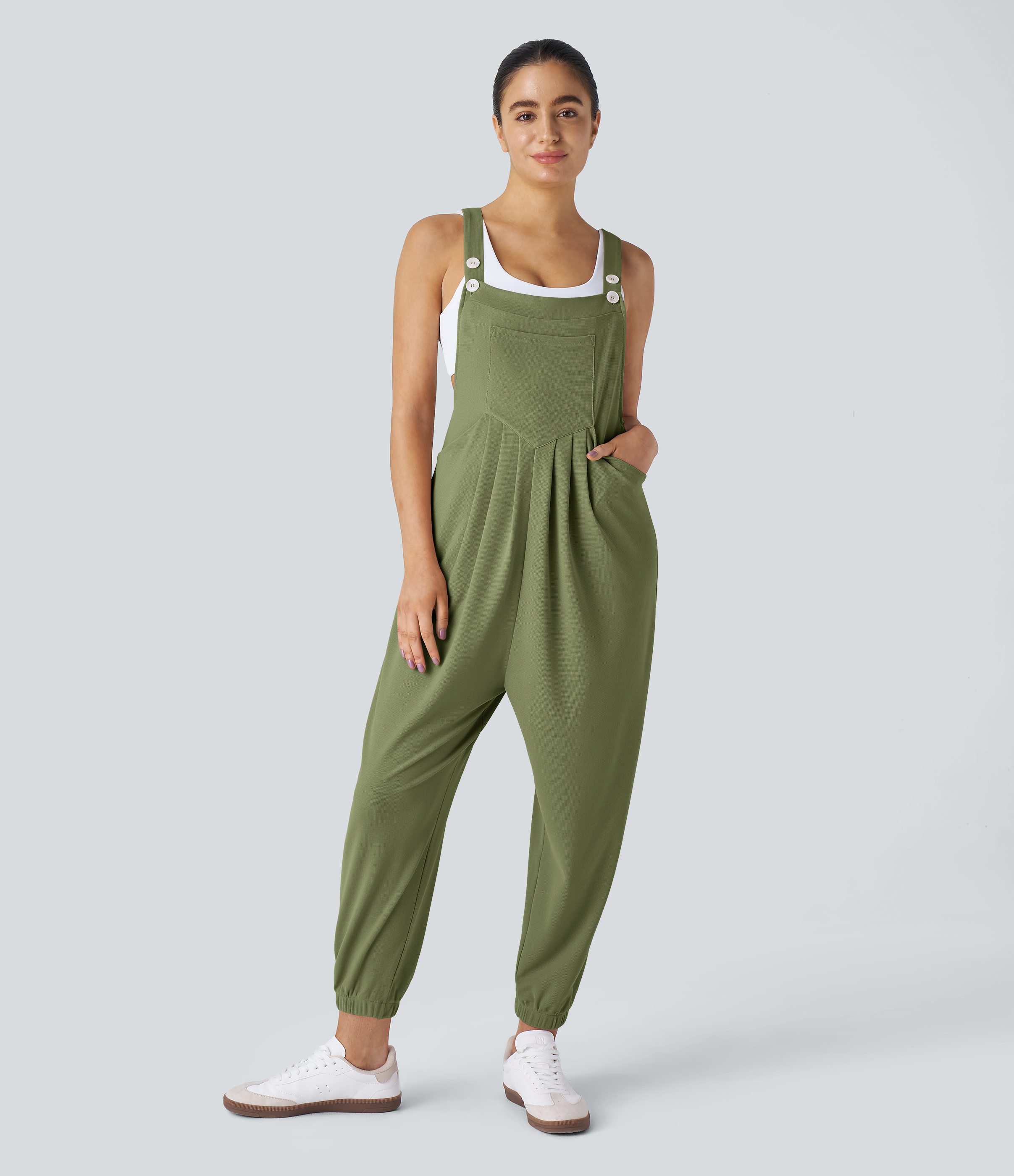 Pockets Waffle Casual Jogger Overalls  - Loden Green