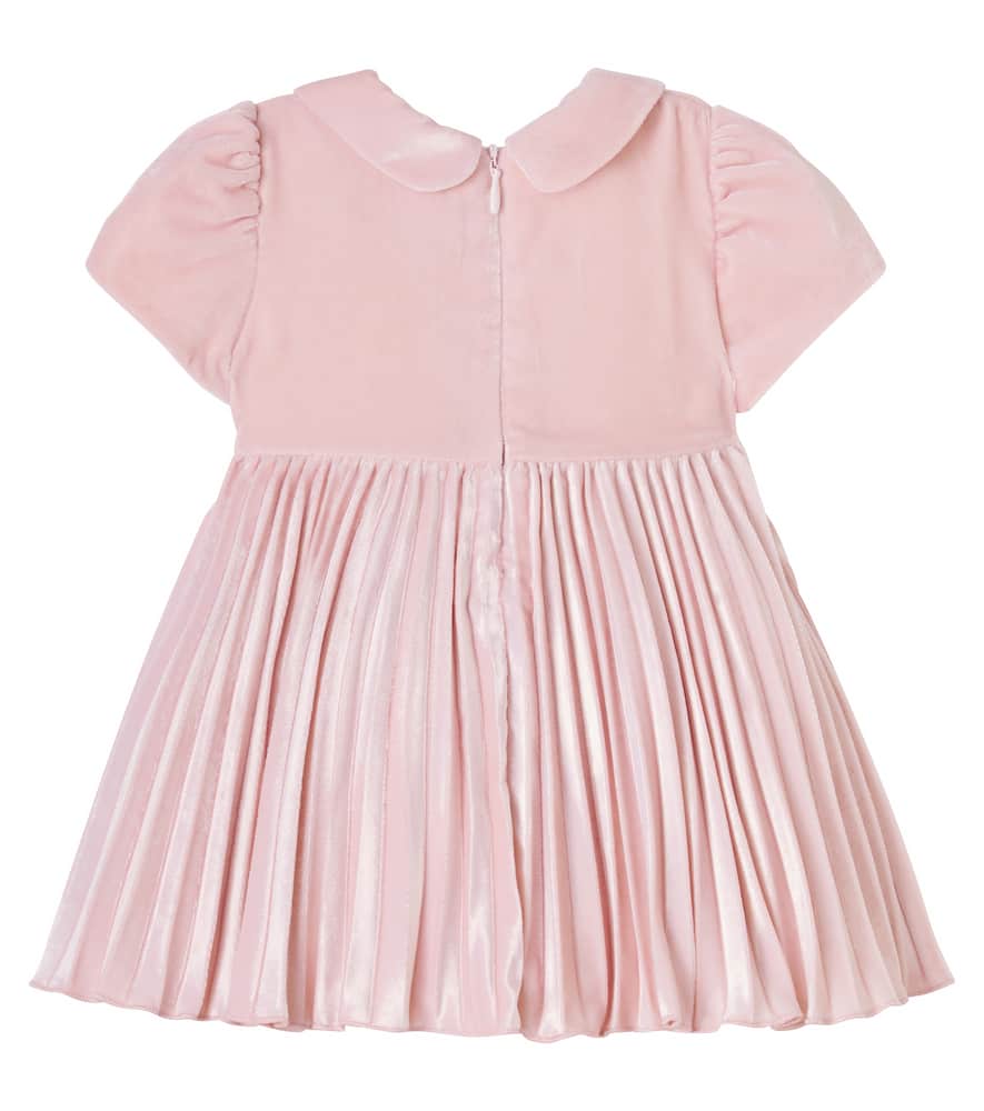 Floral-appliqué plissé velvet dress