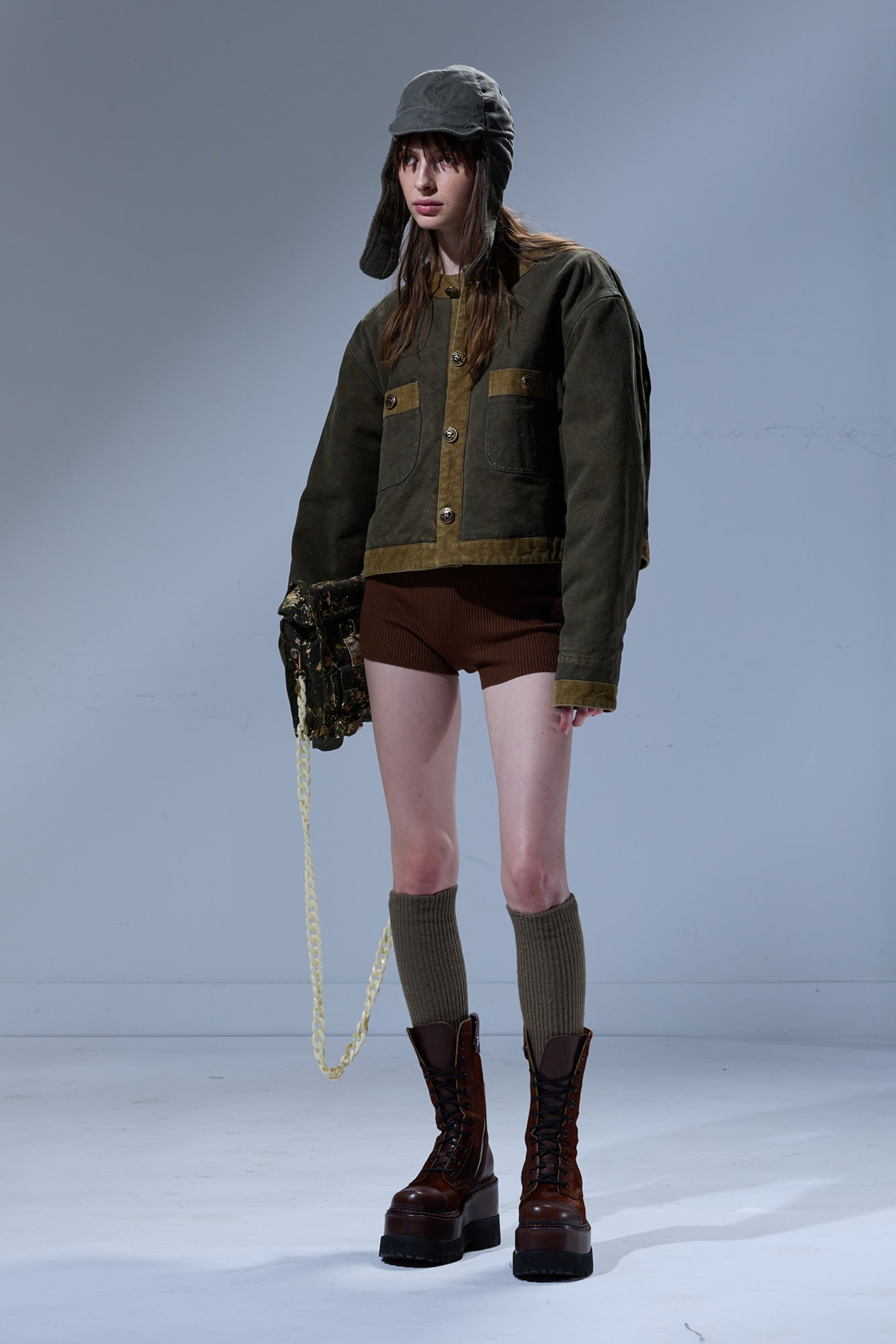 R13 Cord Trimmed Cropped Chore Jacket - Dusky Olive Canvas Green