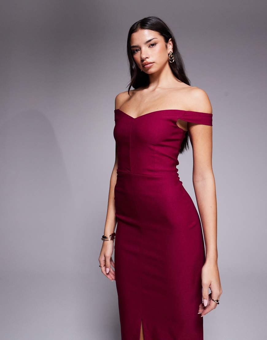 Bengaline off shoulder split front midi dress in berry-pink