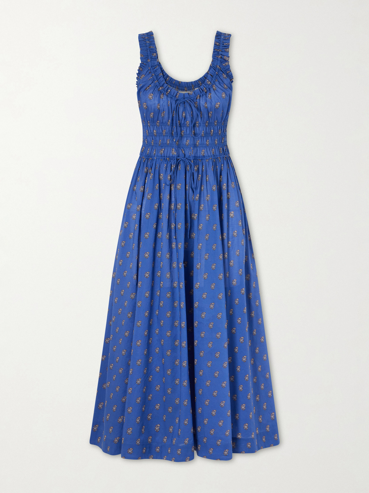 Emmaretta Shirred Floral-print Cotton Midi Dress - Blue