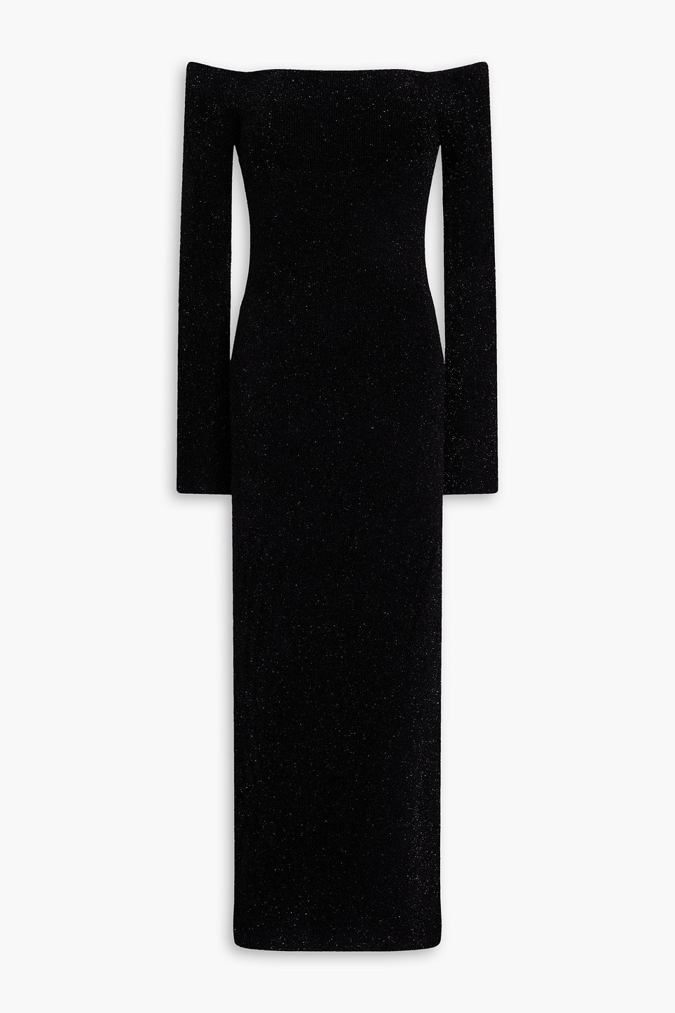 Off-the-shoulder metallic knitted midi dress