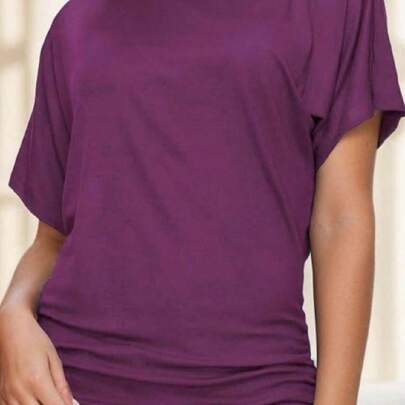 Women's Solid Short Sleeve Boat Neck Dolman Top With Side Shirring Casual Loose Fit T-Shirt