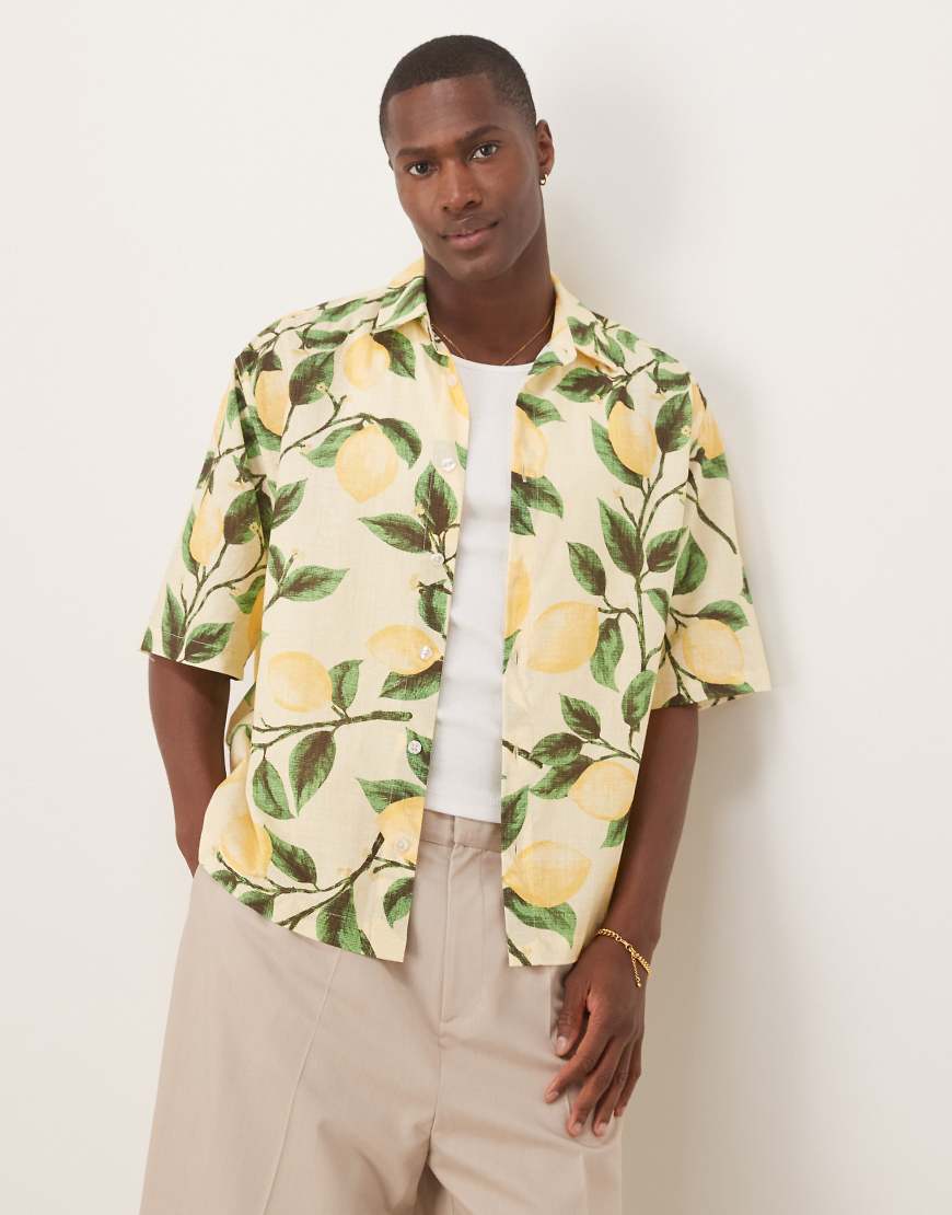 Boxy oversized shirt with lemon print in yellow-Multi