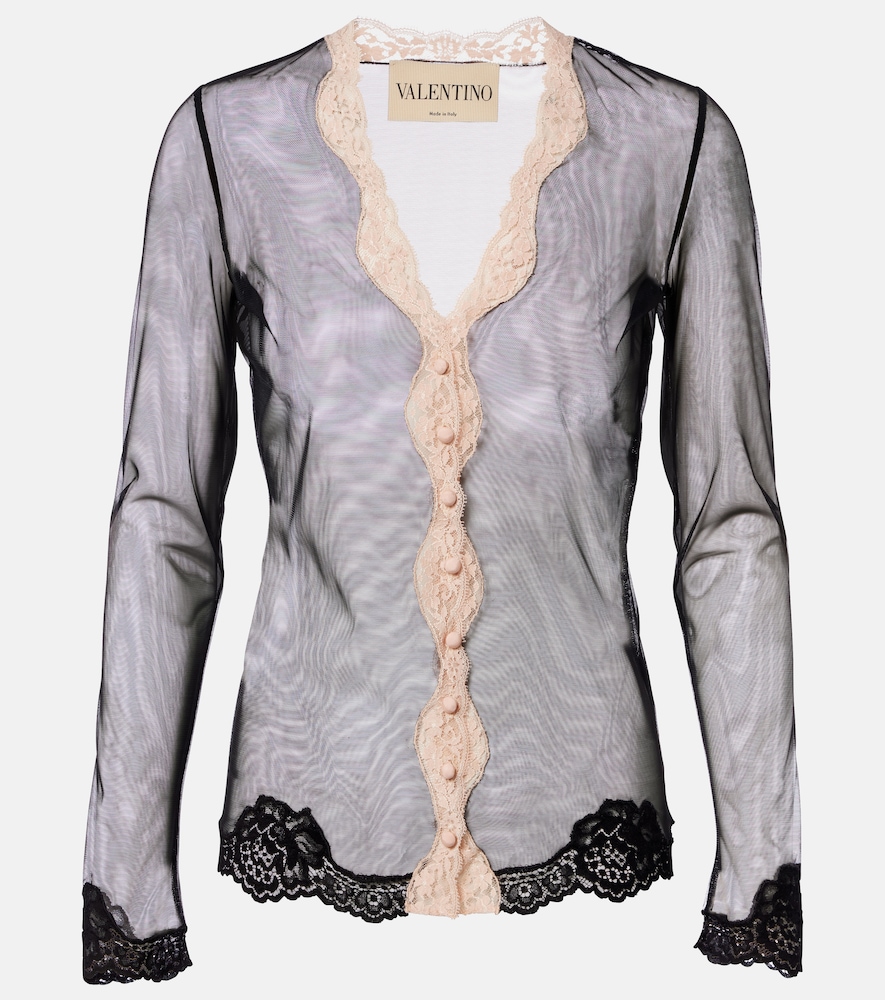 Lace-trimmed sheer mesh shirt