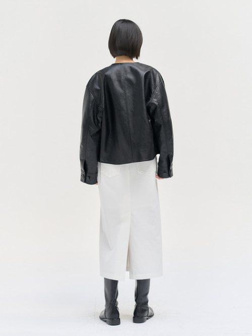 Collarless leather crop jacket