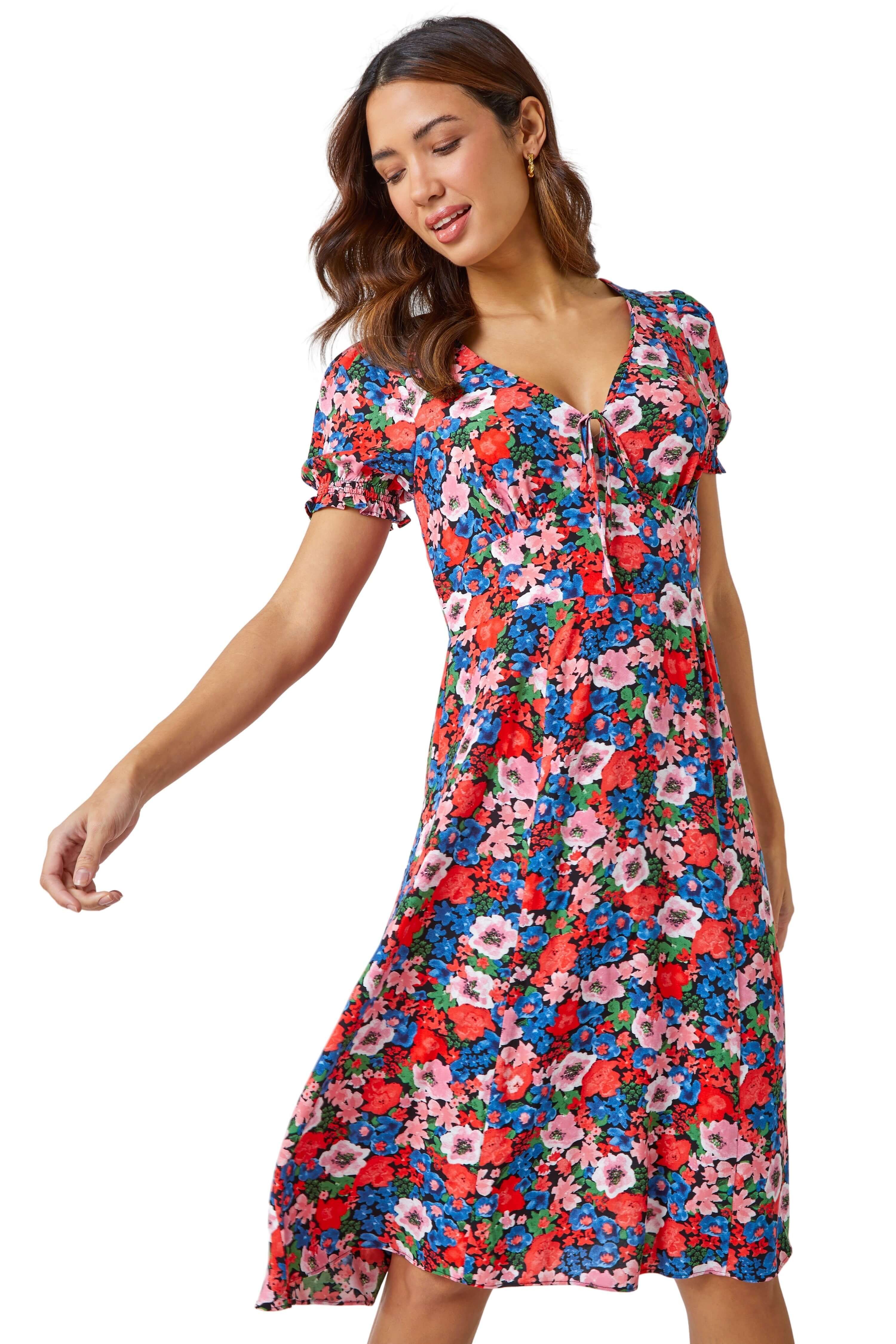 Roman Women's Frill Sleeve Floral Tea Dress in Red