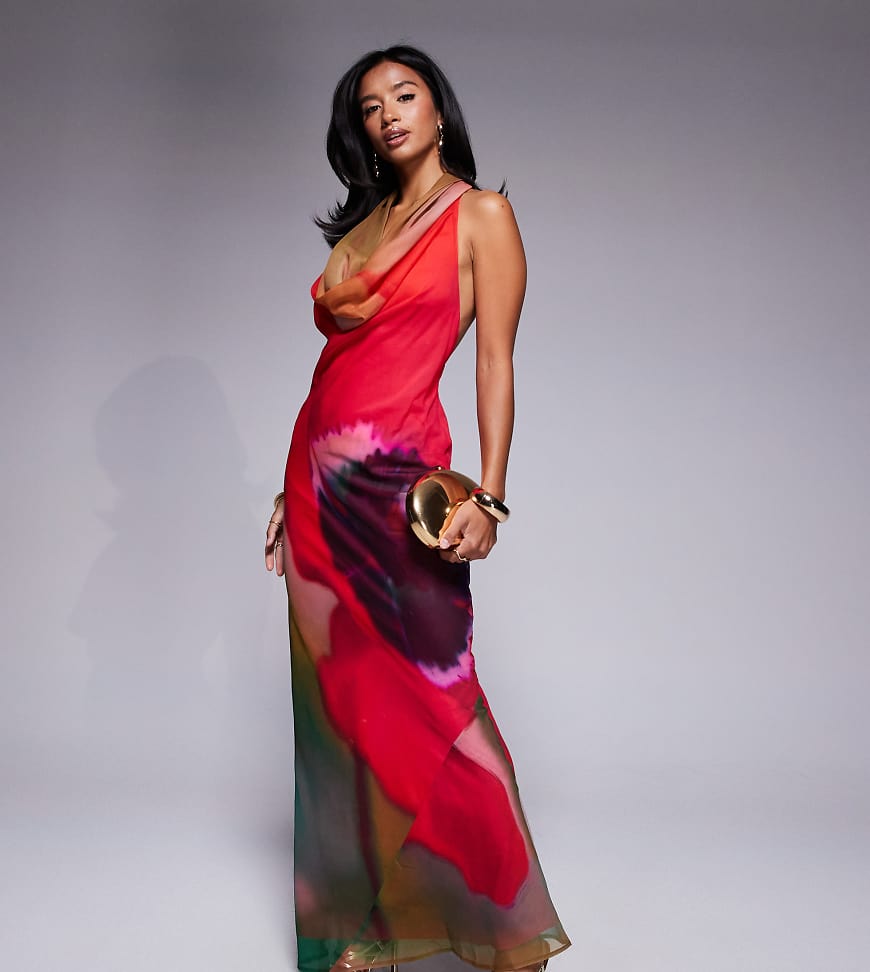 ASOS DESIGN Petite cowl plunge bias maxi dress in pink abstract print-Multi
