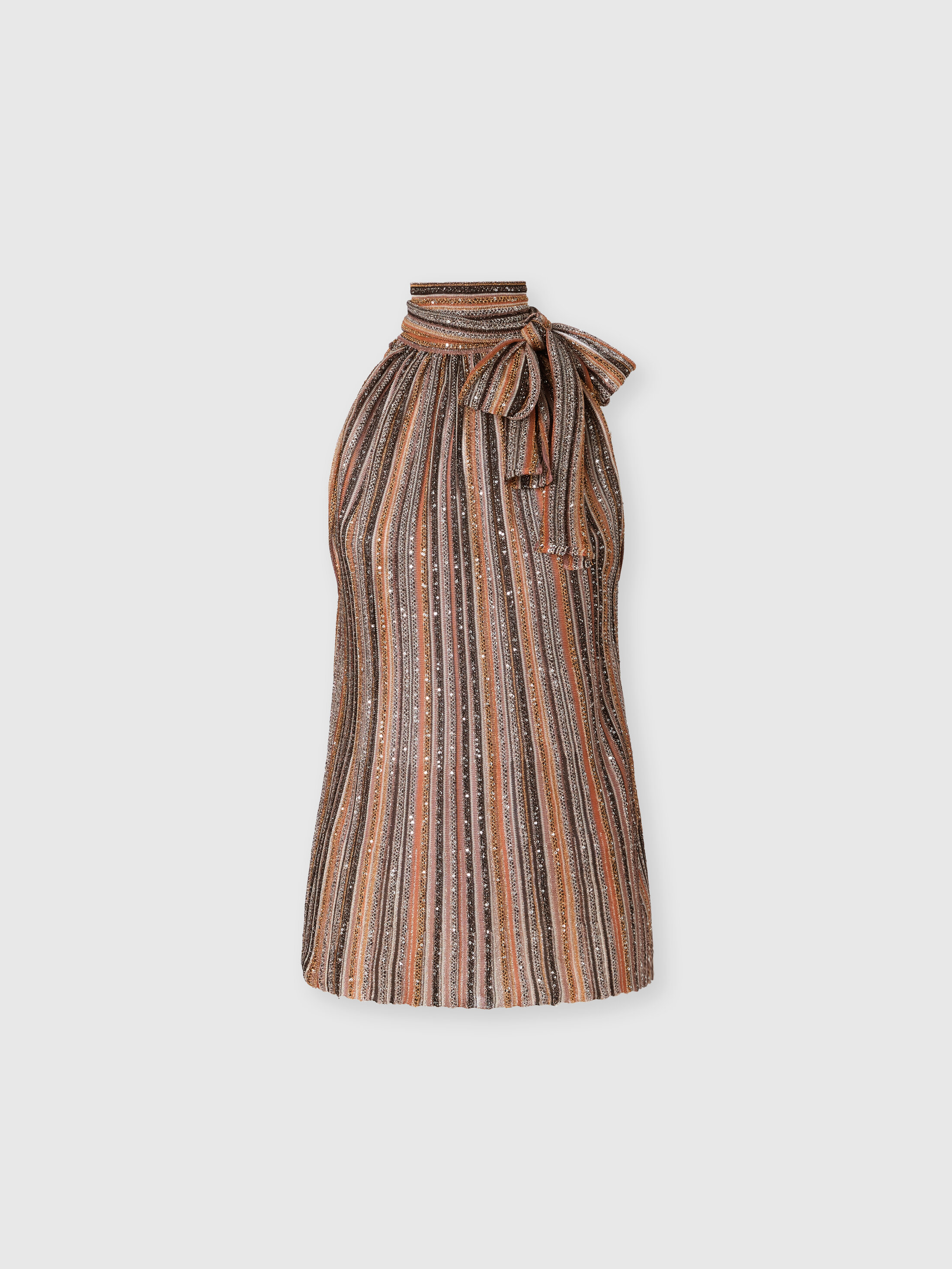 Missoni - Top sin mangas acanalado de viscosa lamé con cuello pañuelo, Mujer, Verde & Marròn