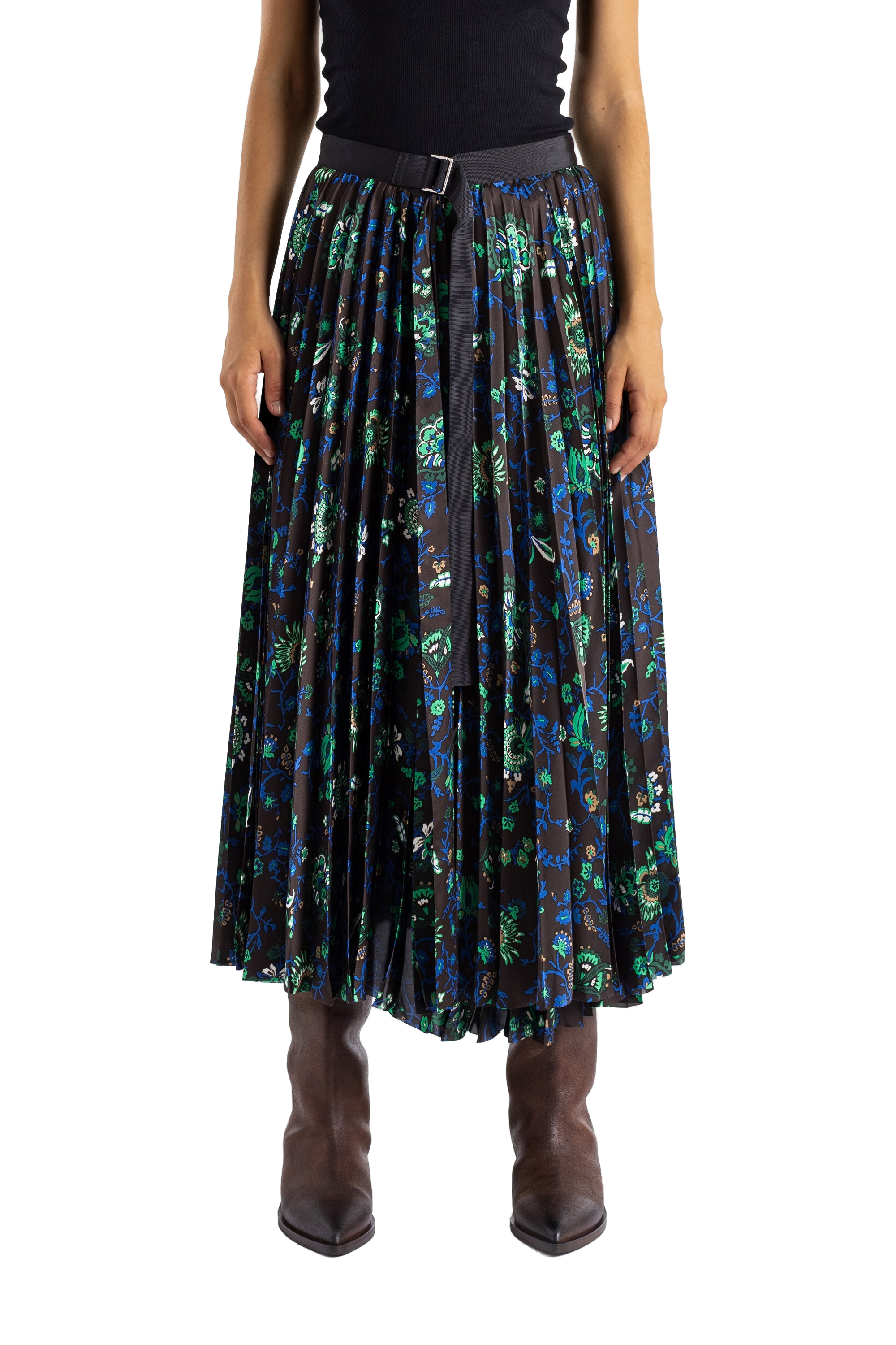 Pleated Floral Print Skirt — Brown