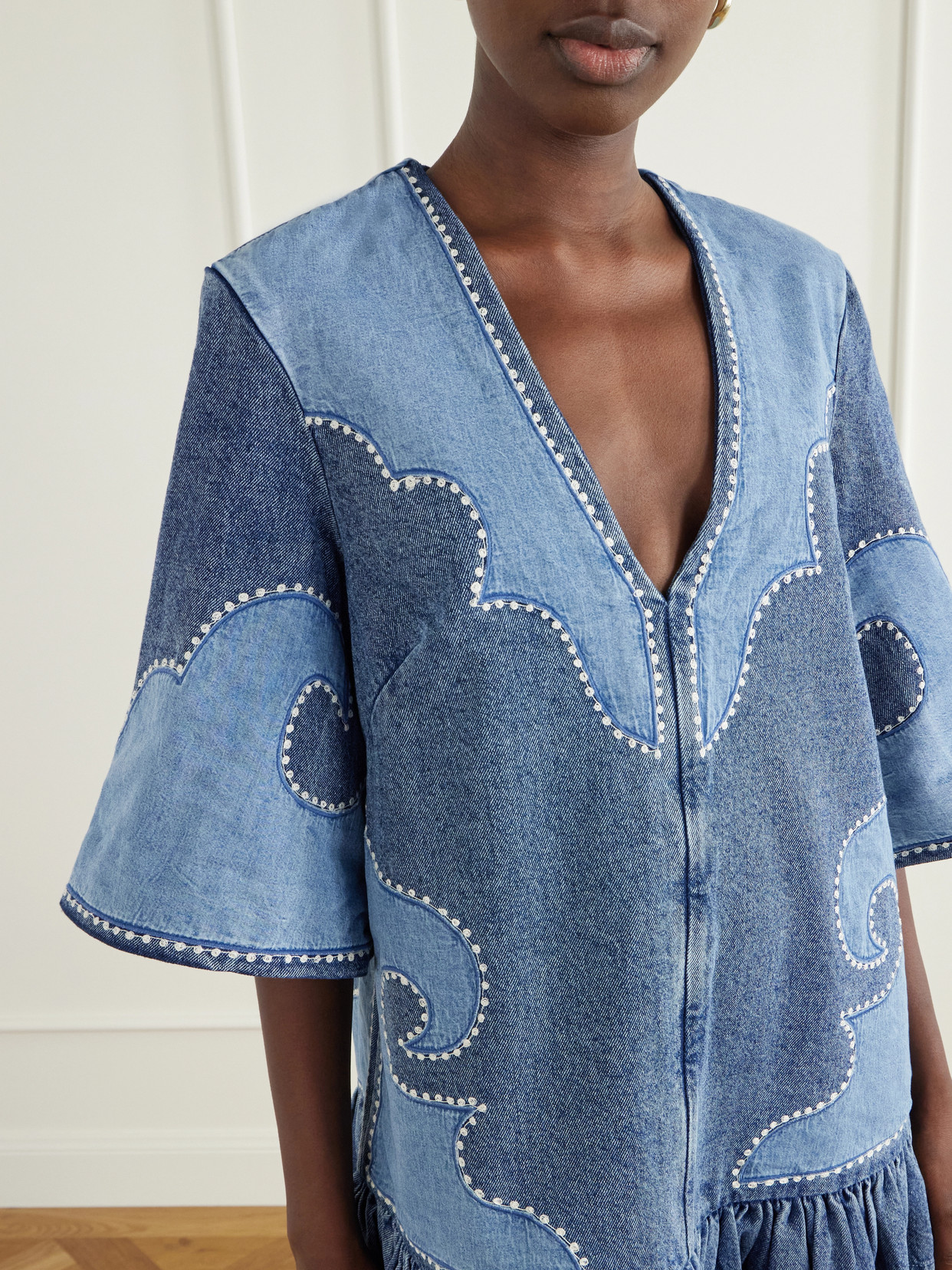 Jesse Ruffled Embroidered Denim Mini Dress - Blue
