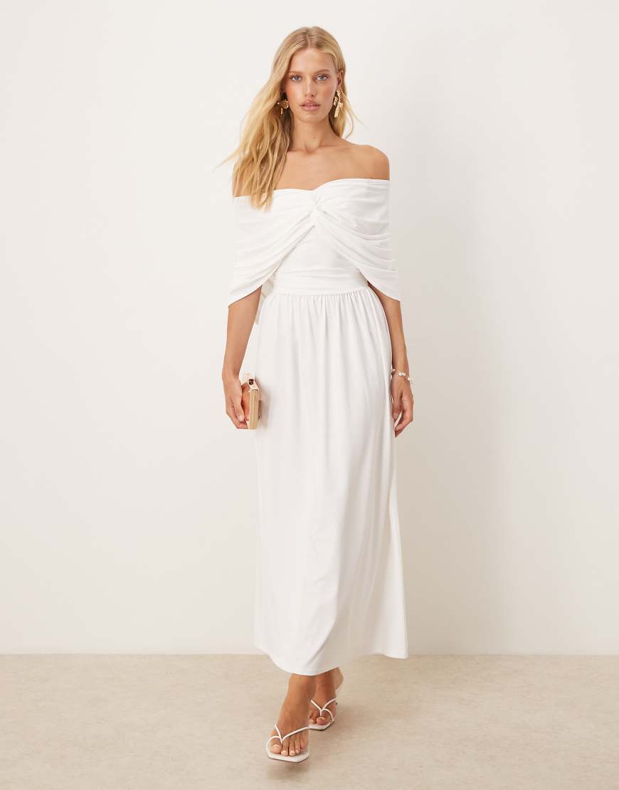 Bandeau draped shoulder detail dropped waist maxi dress in white