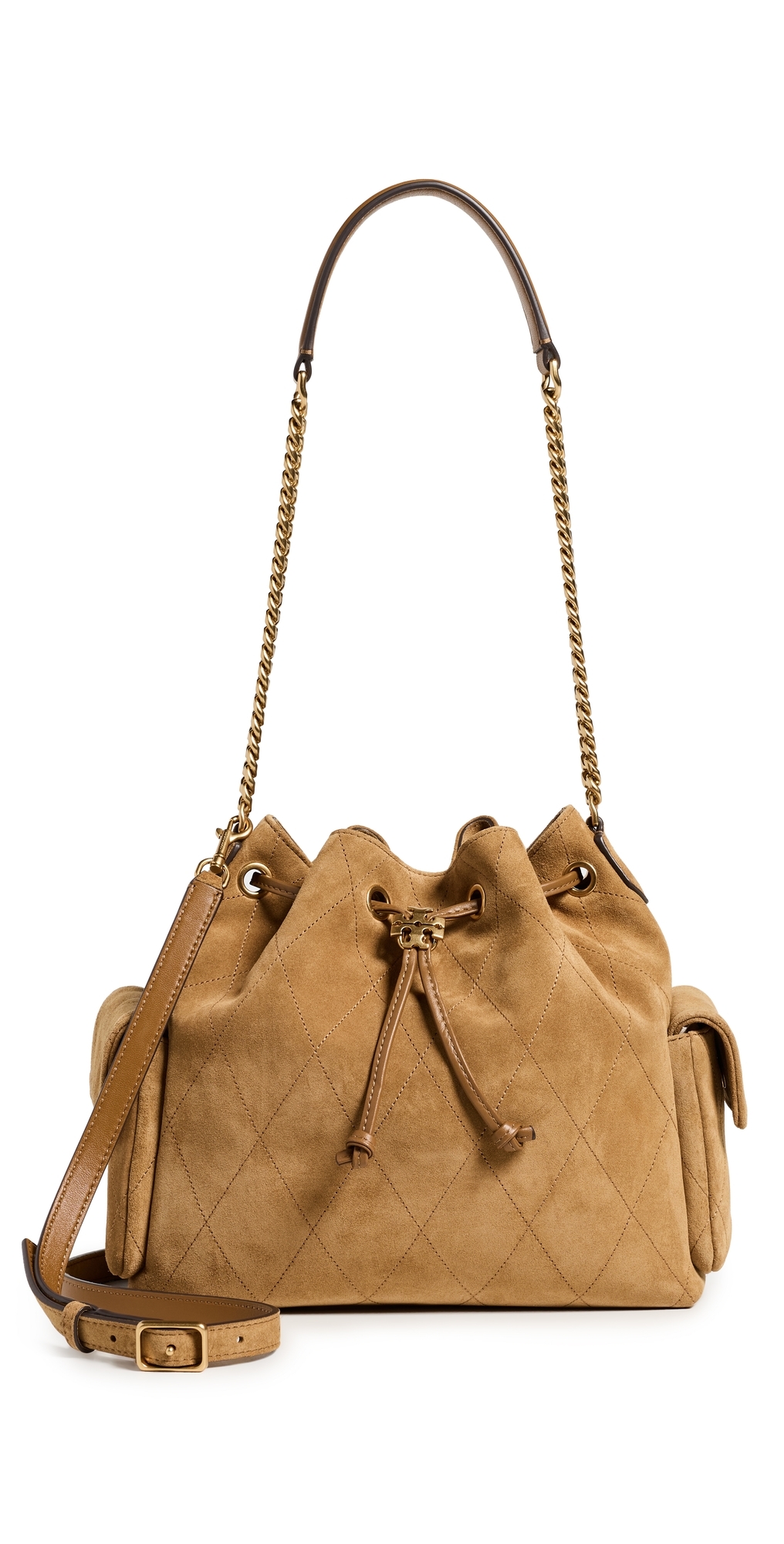 Charlie Quilted Suede Drawstring Shoulder Bag Toffee One Size