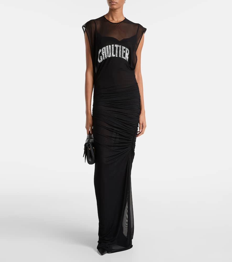 Logo sequined mesh maxi dress