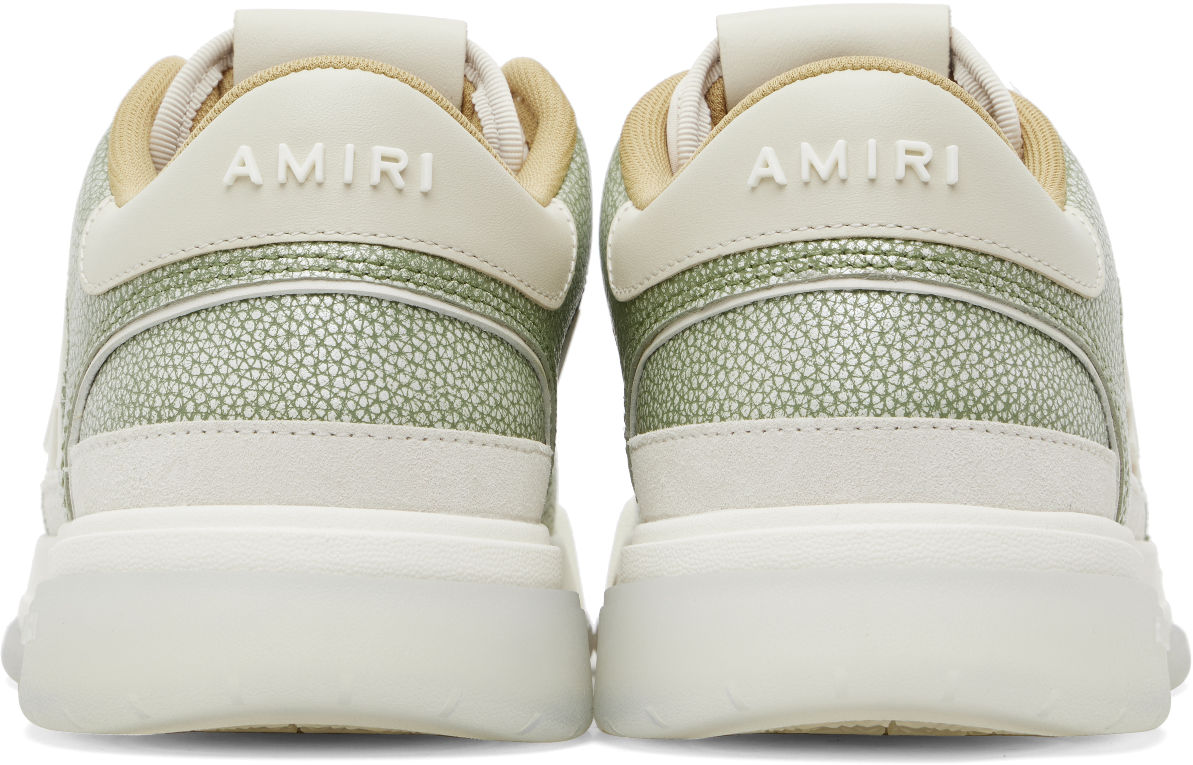 White & Green Pebbled Classic Low Sneakers