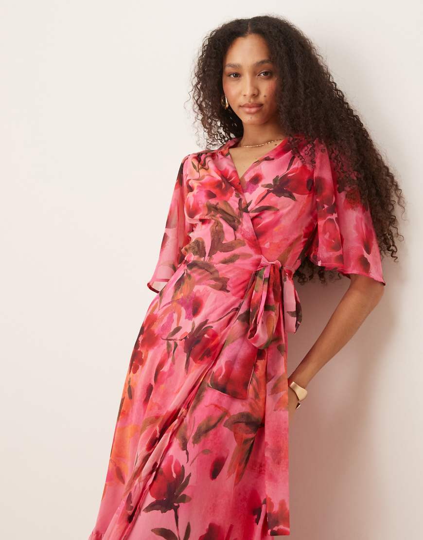 Flutter sleeve maxi wrap dress in pink floral