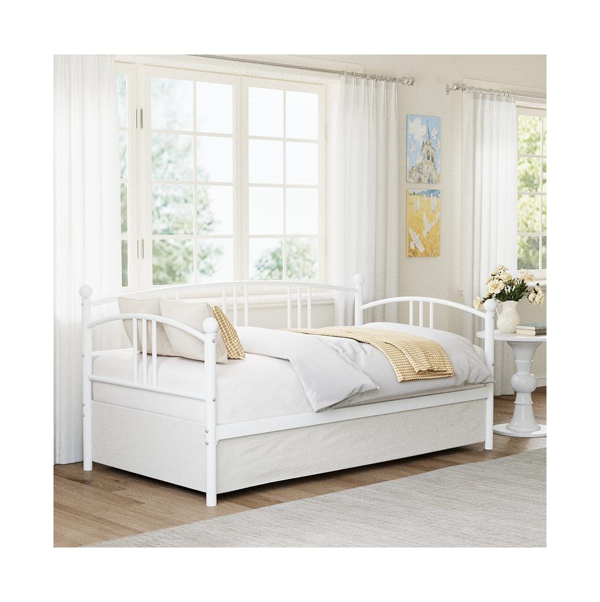 Daybed, Metal Sofa Bed Frame with Steel Slat Support for Living Room, Bedroom and Guest Room. - White