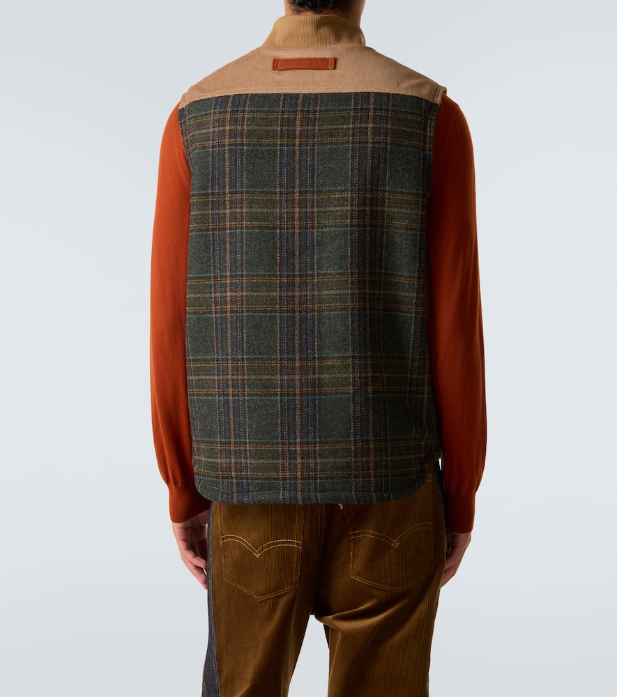 Leather-trimmed cotton and wool vest