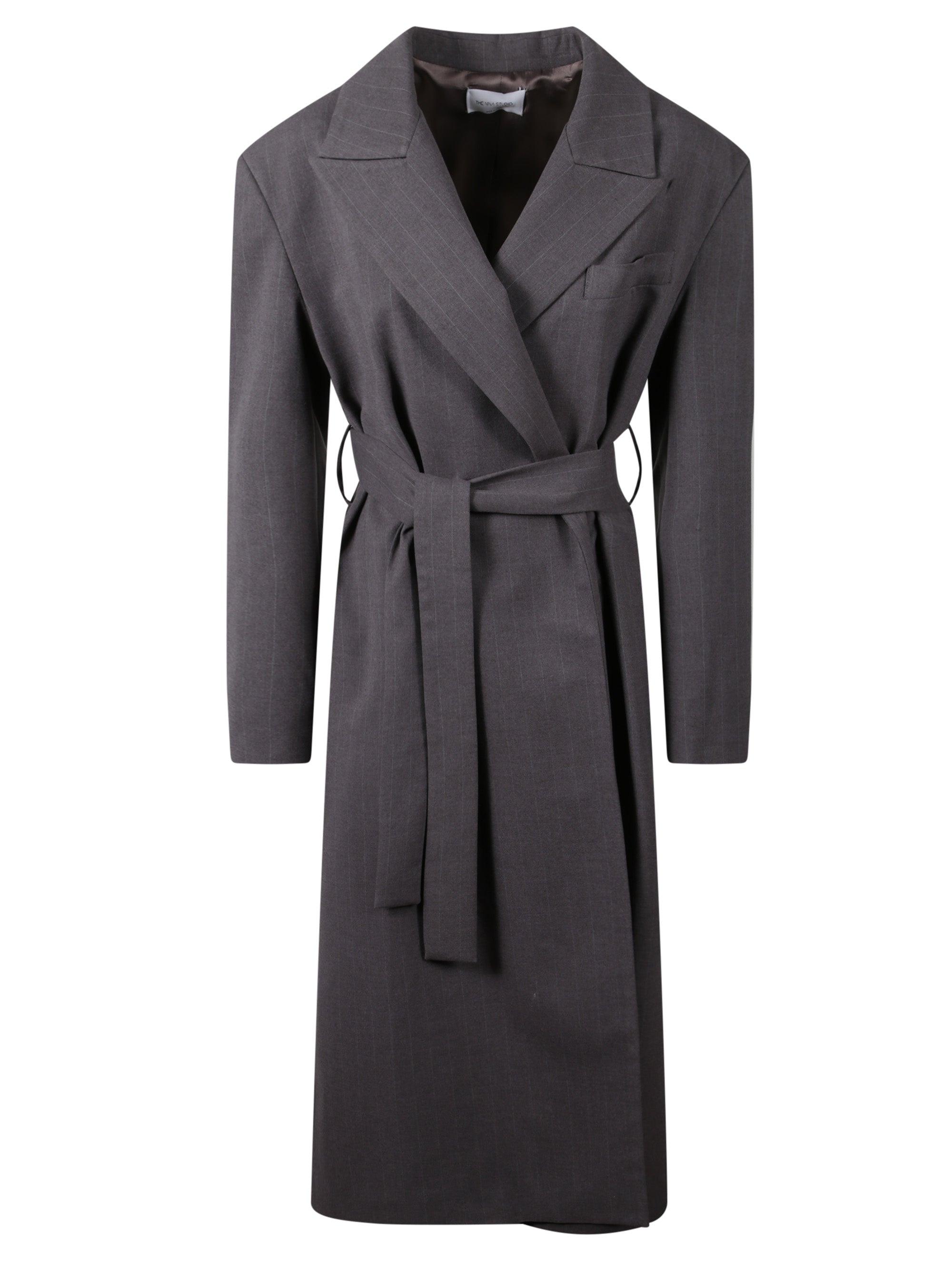 Pinstripe Belted Coat With Peak Lapels And Tailored Silhouette