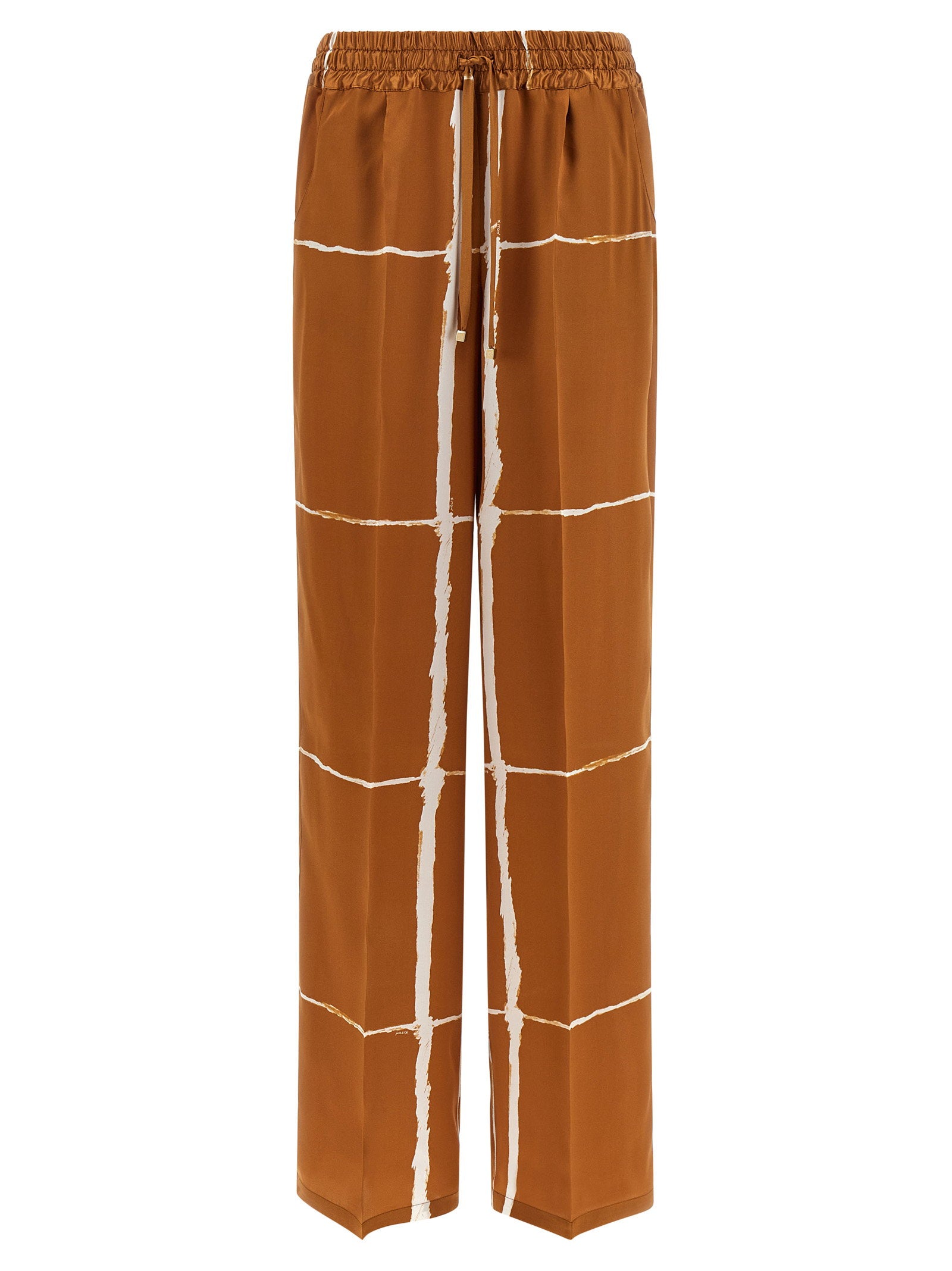 Graphic-Striped Silk Satin Trousers — Camel