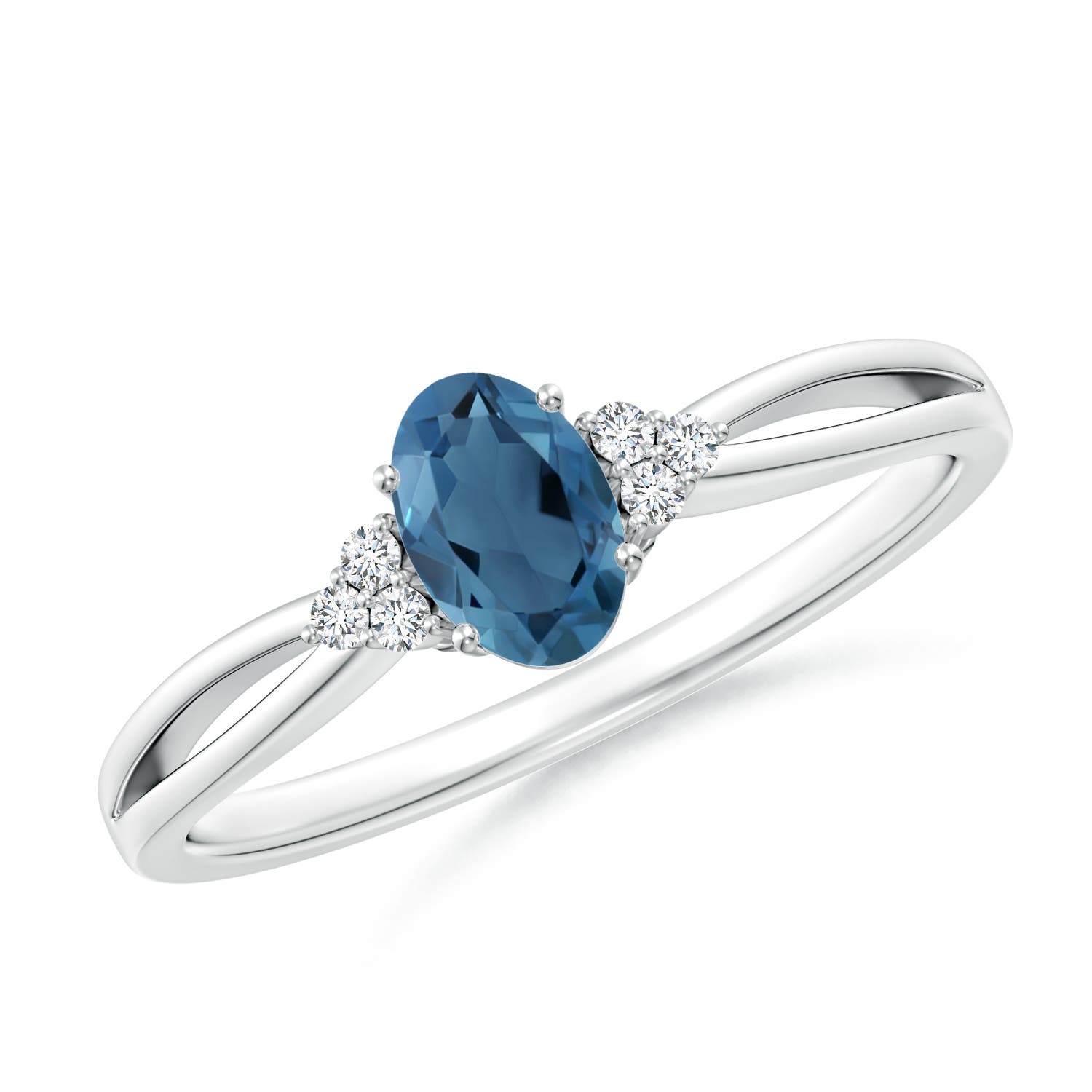 Angara 0.54 Carat Oval London Blue Topaz Split Shank Ring with Trio Diamonds in Platinum
