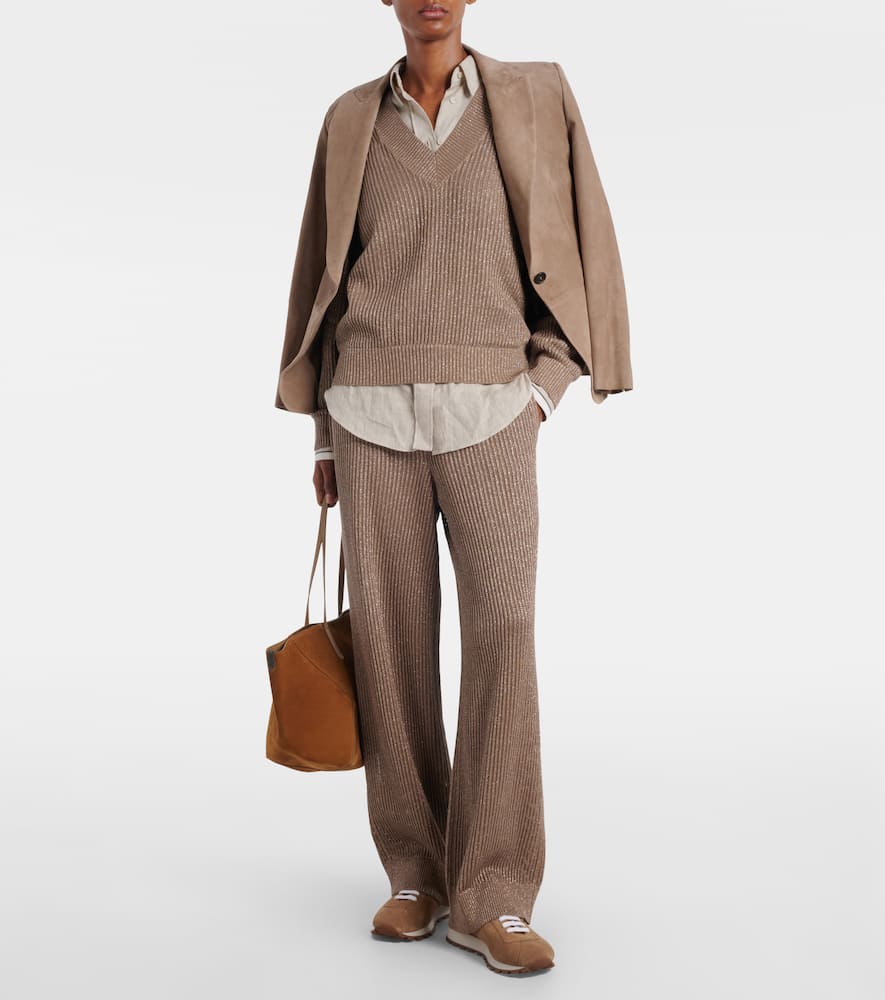 Ribbed-knit cotton-blend wide-leg pants