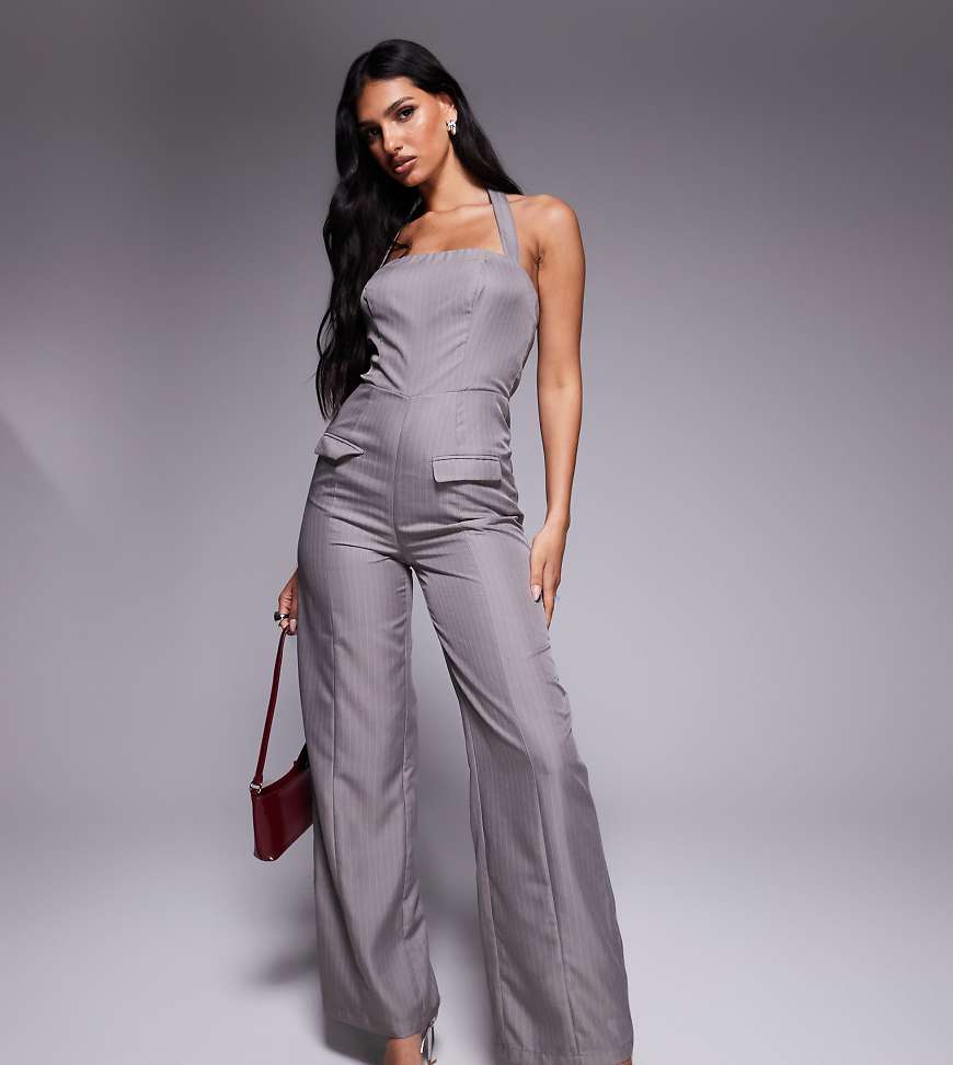 Exclusive tailored halterneck wide leg jumpsuit in grey pinstripe-Neutral