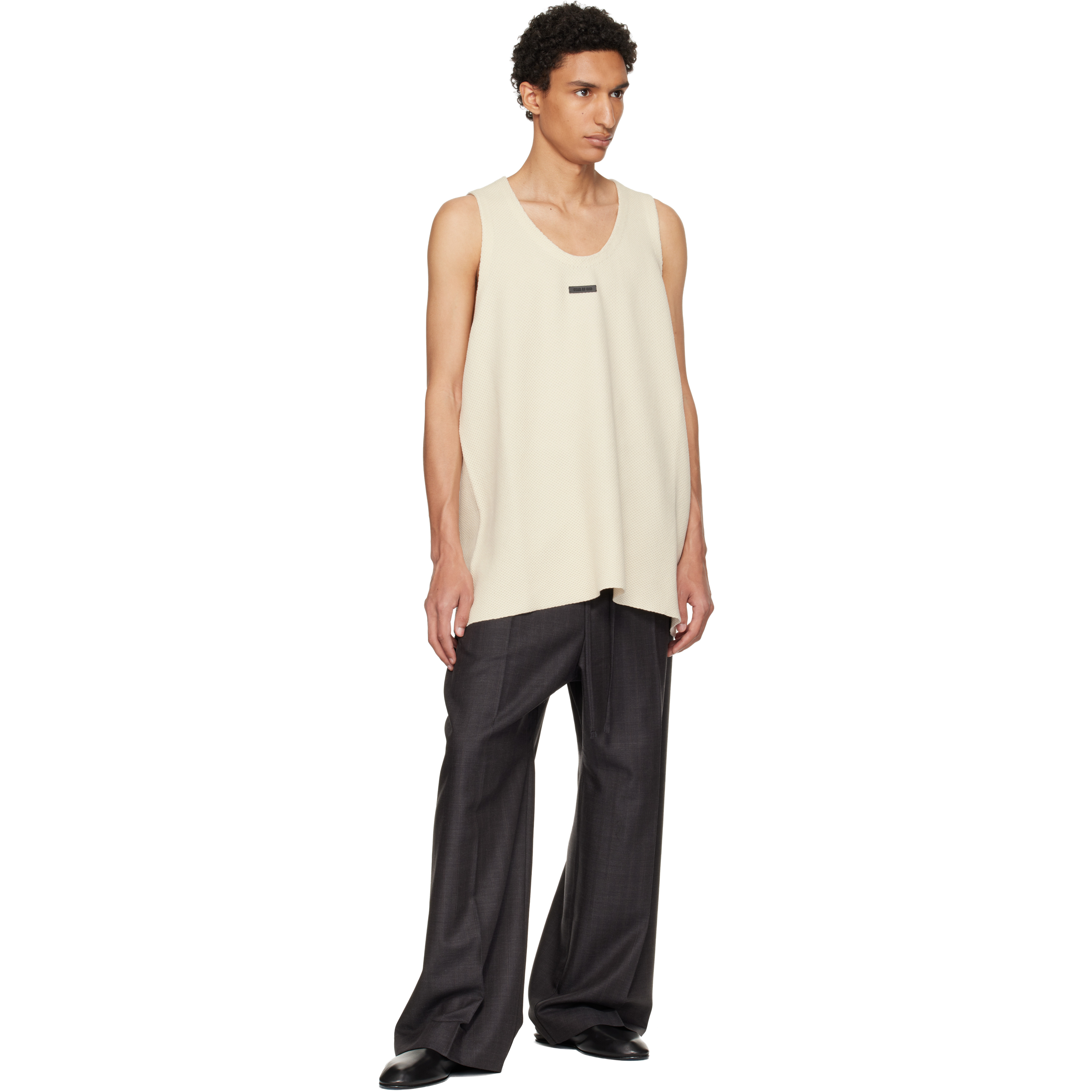 Gray Striped Wool Wide Leg Drawstring Trousers