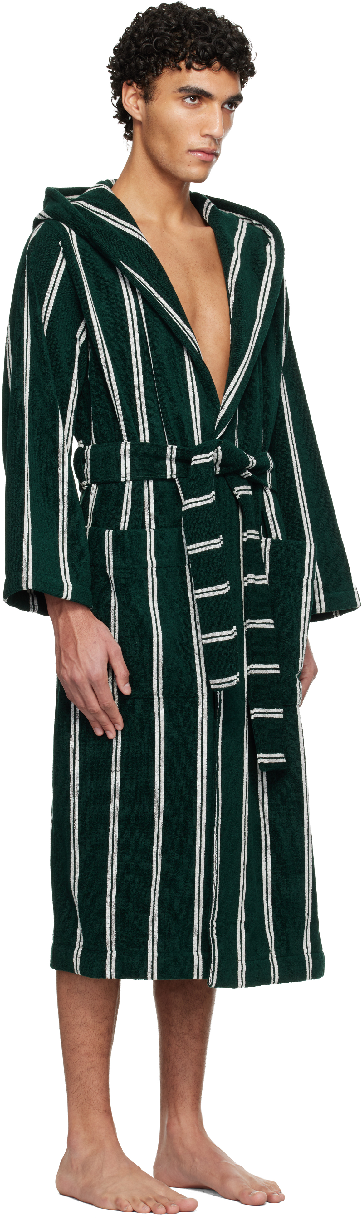 Green & White Terry Hooded Bathrobe