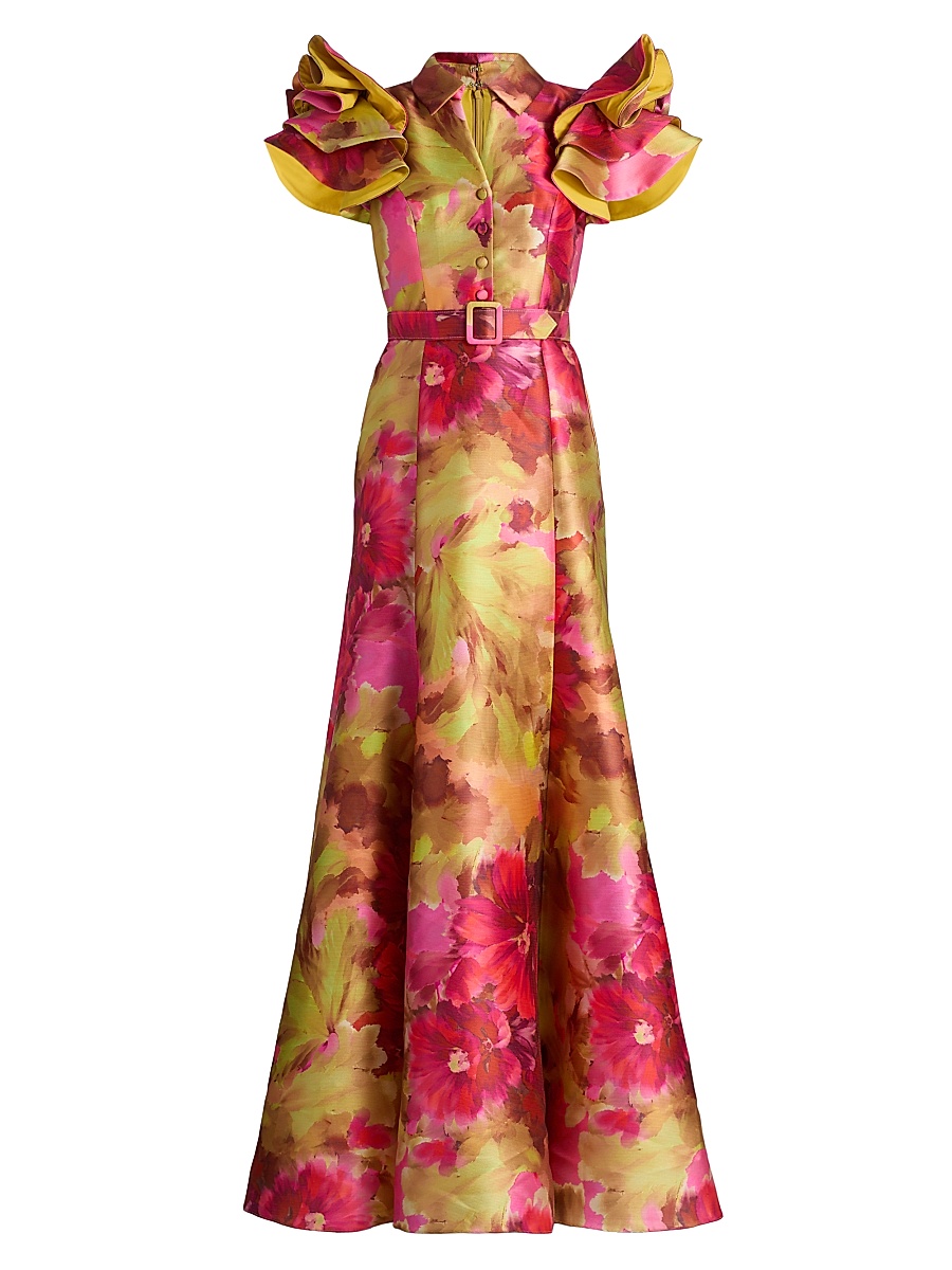 Women's Vibrant Floral Flutter-Sleeve Gown - Pink Multi