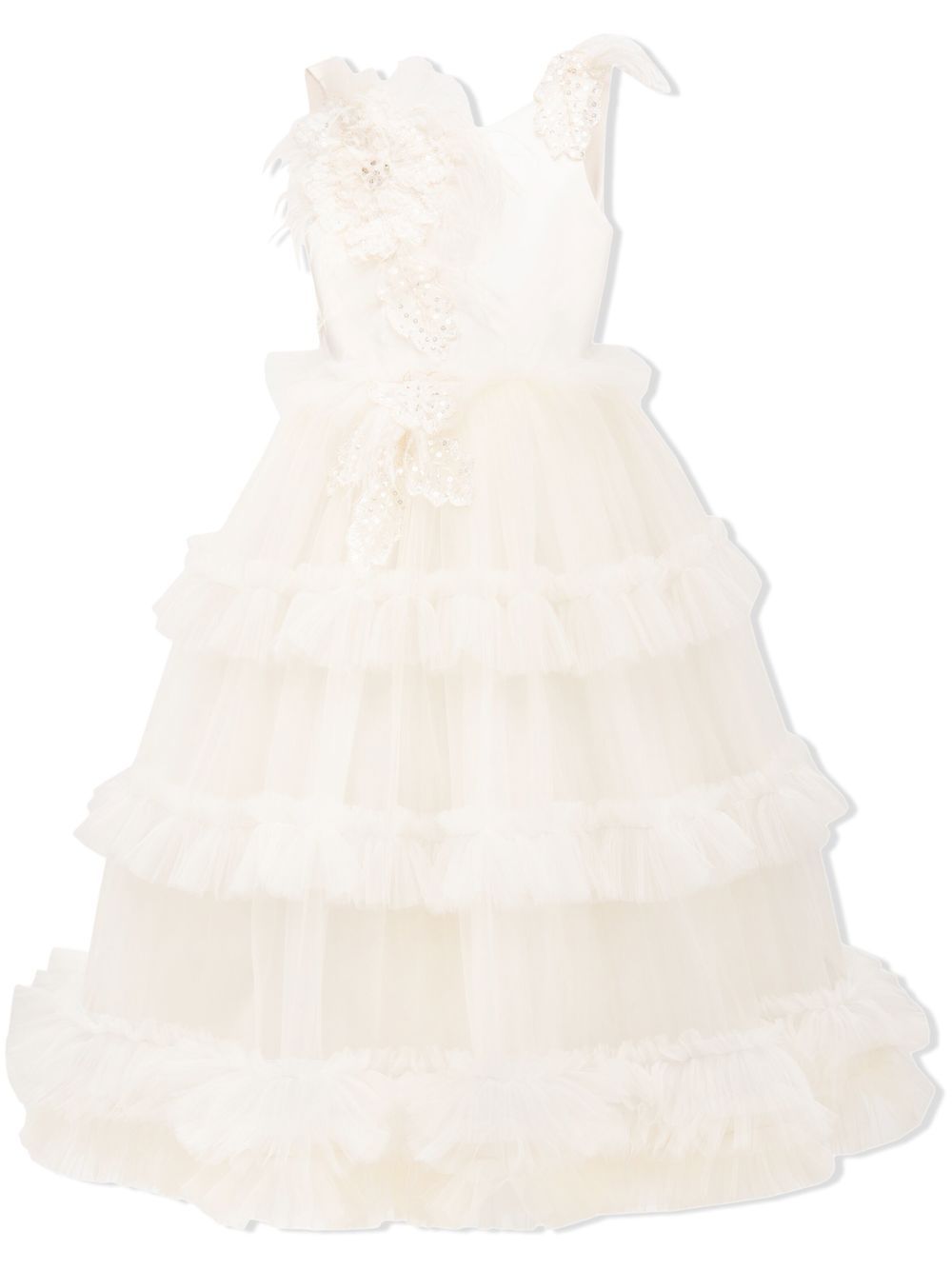 Asymmetric embellished tulle gown - Neutrals