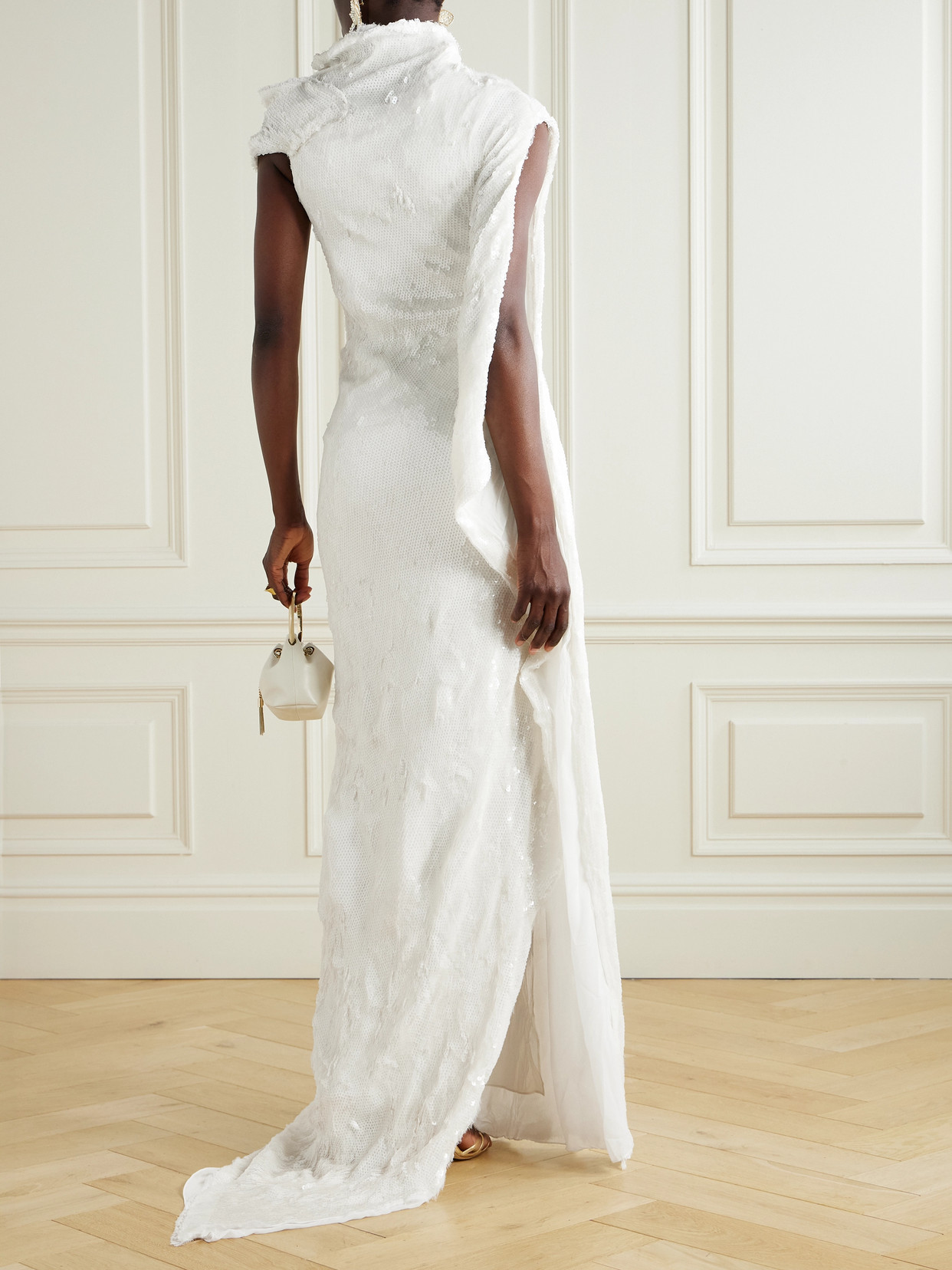 One-shoulder Cape-effect Draped Sequined Silk-blend Gown - Off-white