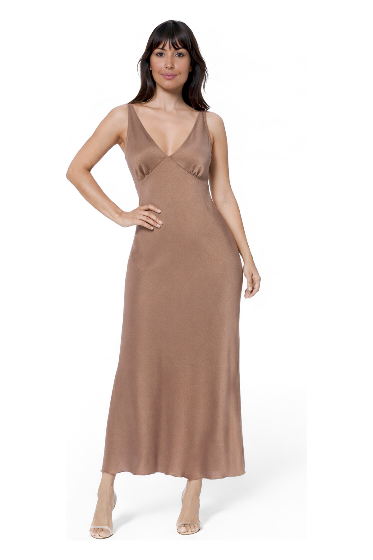 Women's Ceycrepe Satin V-Neck Sleeveless Maxi Dress - Mocha