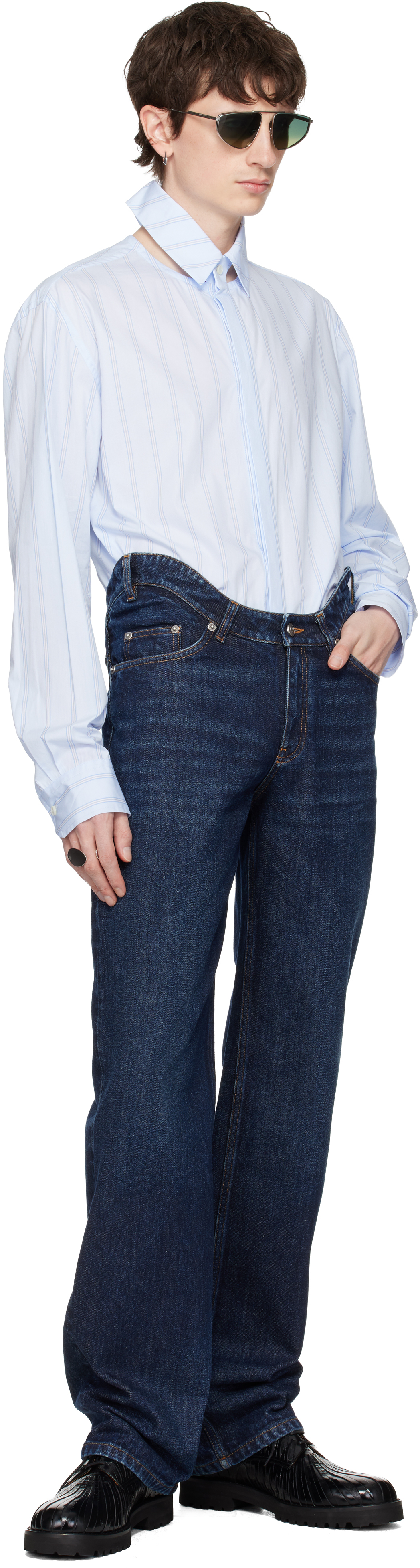 Blue Pinstriped Floating Collar Shirt