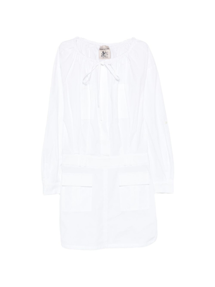 White Tie Neck Mini Dress